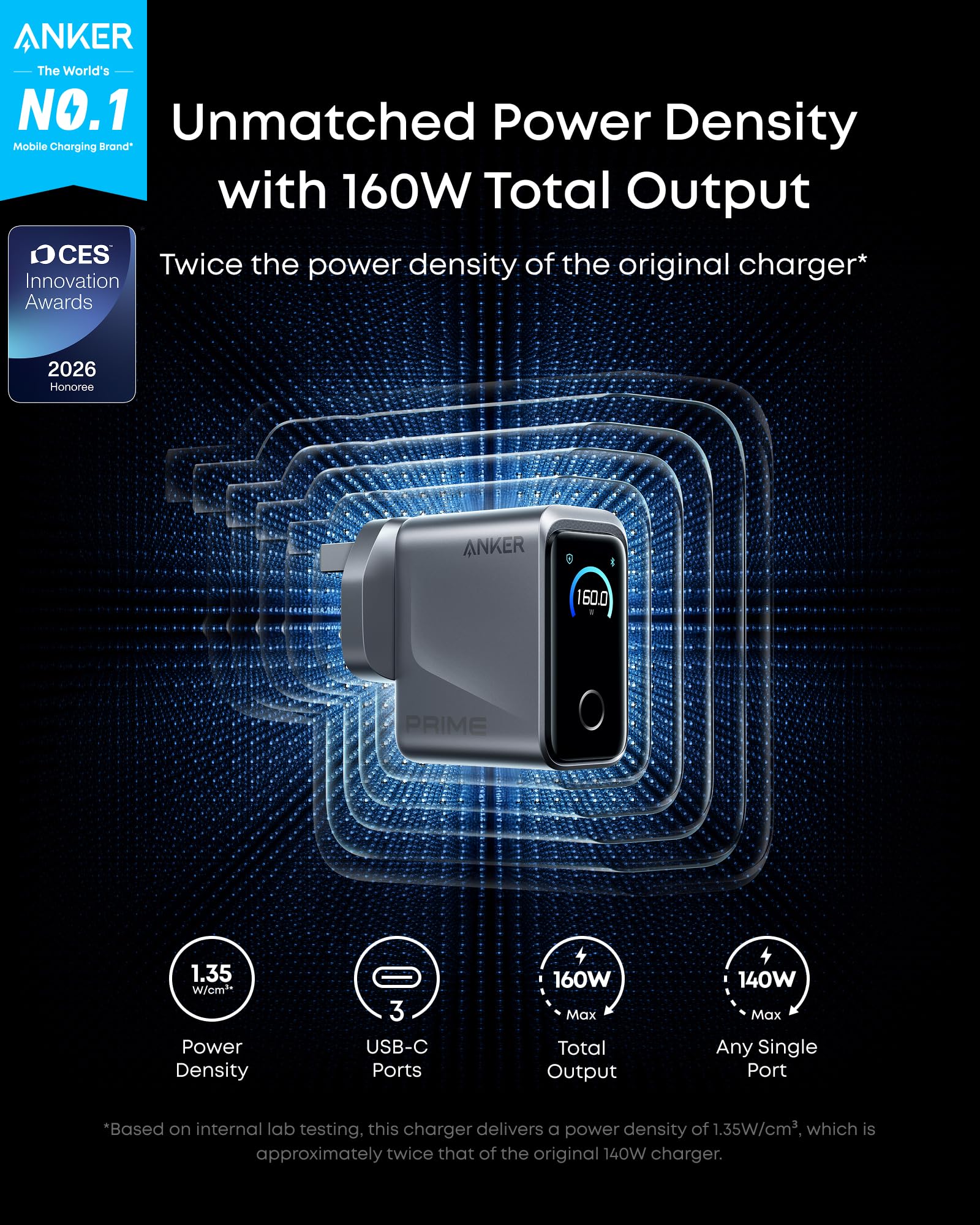 Anker Prime Charger,160W 3-Port Compact GaN USB C Charger Block,Smart Display and Touch Control,Up to 140W Single‑Port Charging,for MacBook Pro,Laptop,iPhone 17 Series(Cable Not Included,Non-Battery) — view 2