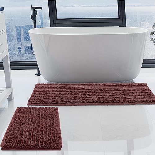 Miniatura 7 de HVERONNEX Juego de 2 alfombras de baño de felpilla de lujo color rojo con parte inferior de goma termofusible gruesa para baño antideslizantes