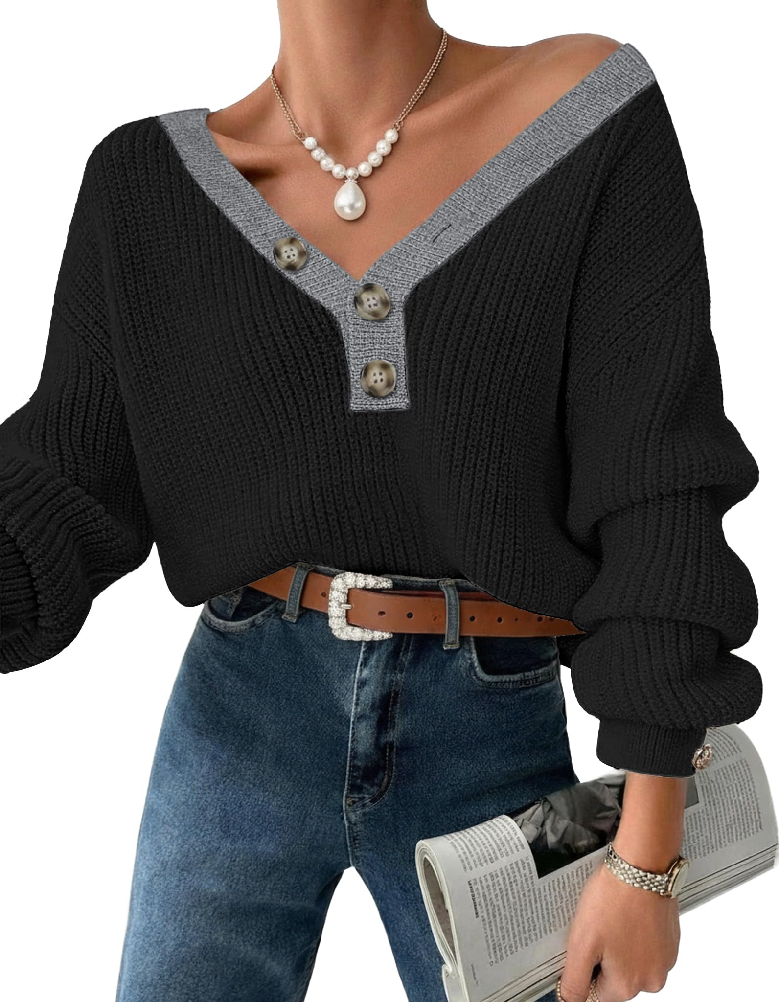 Soesdemo Oversized Sweaters for Women Warm Cozy Chunky Soft Striped Casual Knitted V Neck Button Up Pullover Tunic