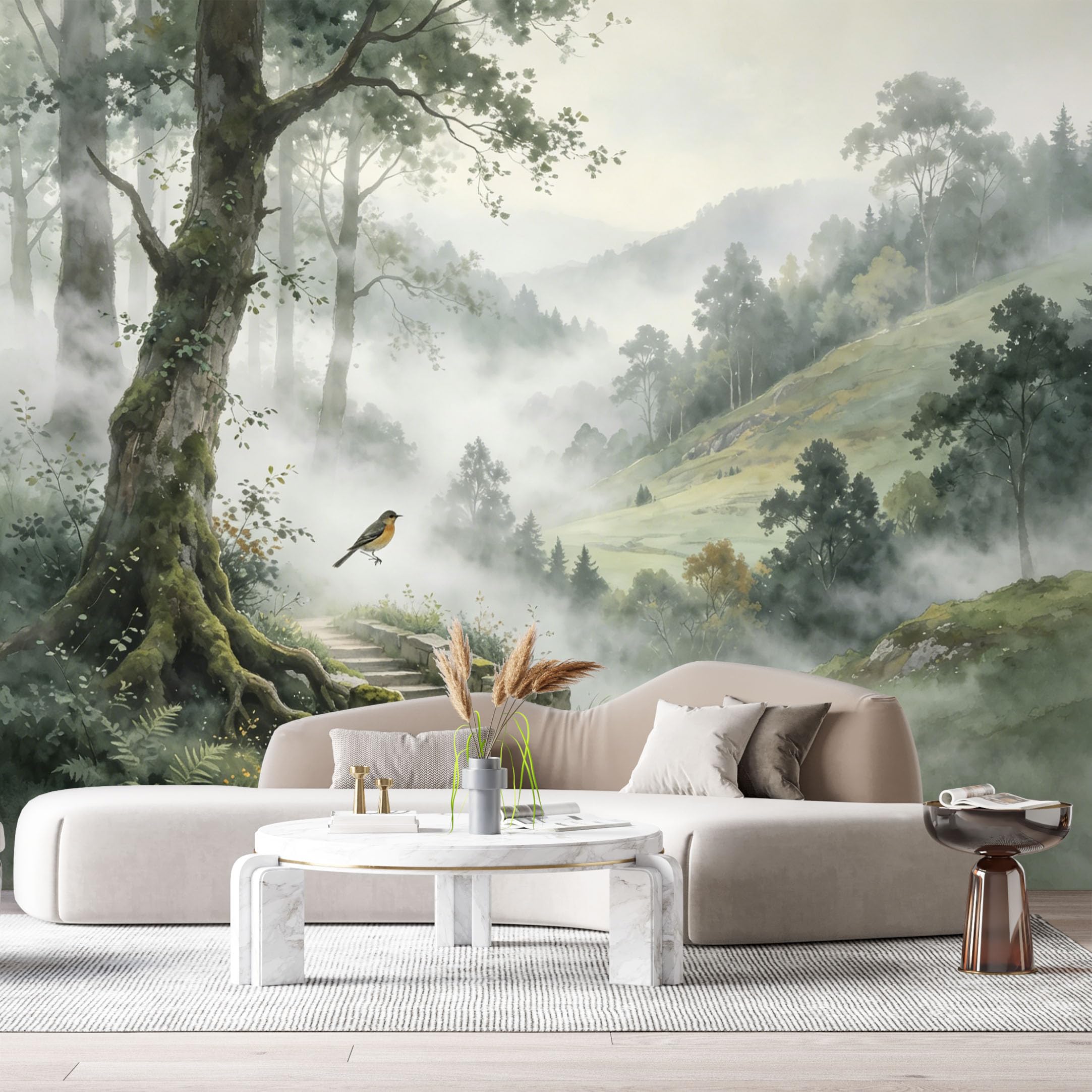 Custom Size Wall Murals Misty Forest Landscape Watercolor Stone Stairs Bird SelfAdhesive Wall Fabric Removable Large Wallpaper for Photo Living Room