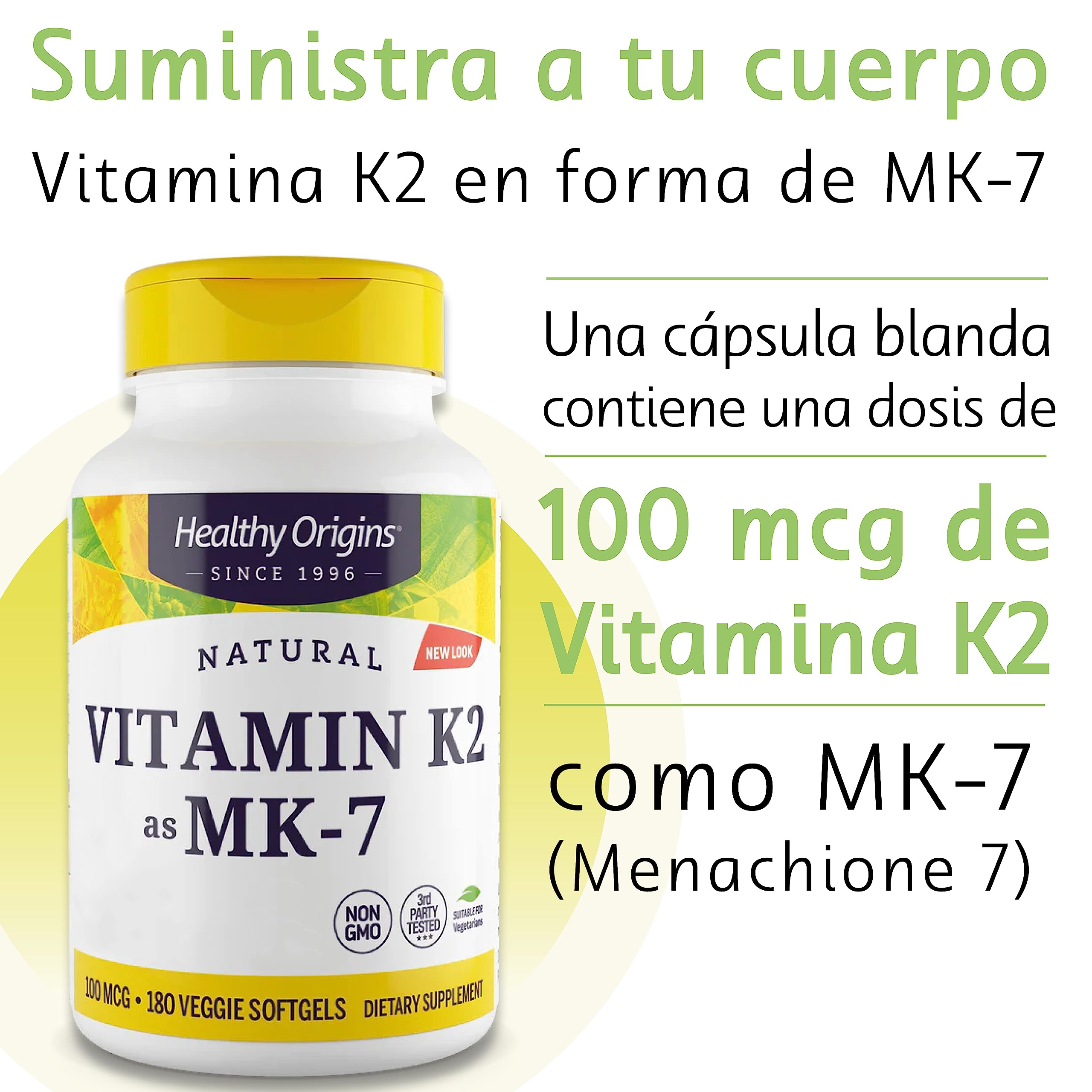 Healthy Origins, Vitamina K2 como MK7, 100mcg, 180 Cápsulas blandas vegetarianas, Probadas en Laboratorio, Altamente Dosificadas, Sin Gluten, Sin Soja, No GMO