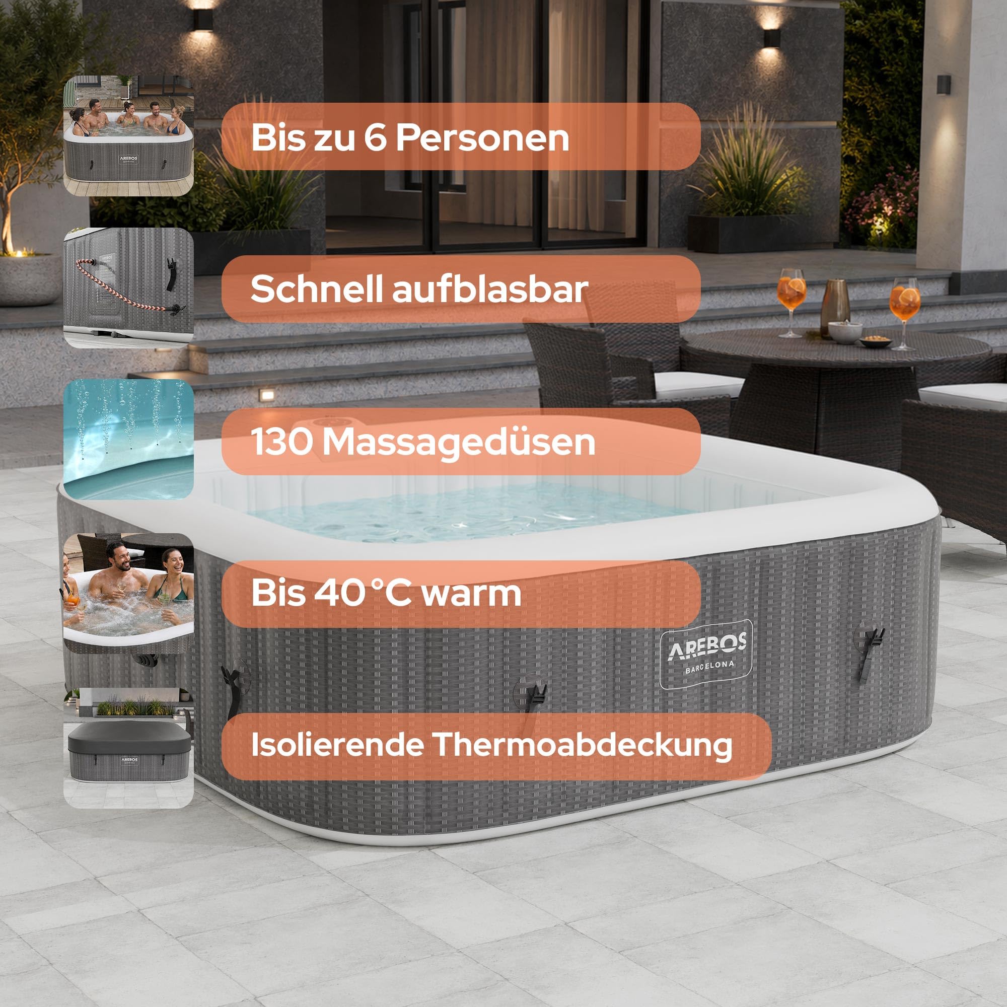 Arebos Spa Whirlpool 2400W | In-Outdoor Pool | für 6 Personen 185x185cm | 130 Massagedüsen, 910 L mit Heizung, Aufblasfunktion per Knopfdruck, inkl. Abdeckung, Bubble Spa & Wellness Massage