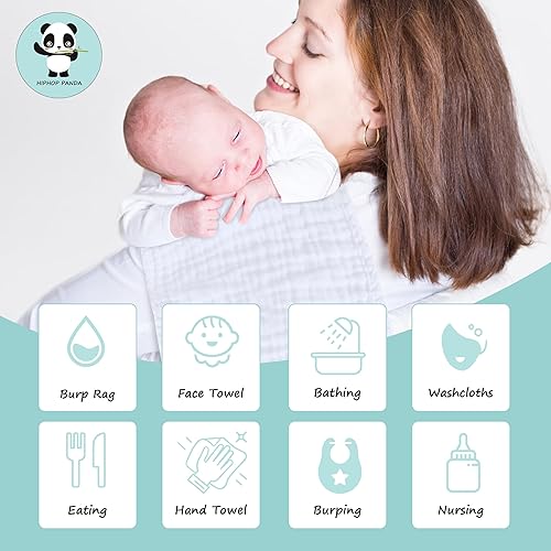 Miniatura 4 de HIPHOP PANDA Paquete de 10 paños de muselina de 6 capas grandes, duraderos, 100% algodón, artículos esenciales para bebé, extraabsorbentes y suaves,