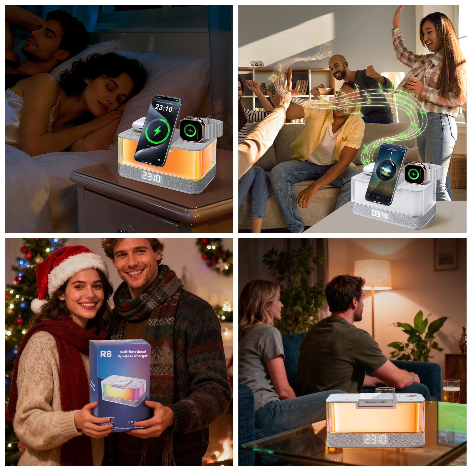 Charmofun Lampe de Chevet avec Enceinte Bluetooth et Chargeur Induction, 3 en 1 Station de Charge pour Phone Montre Connectée et Écouteurs, Enceinte Connectée avec Lampe d'ambiance Table