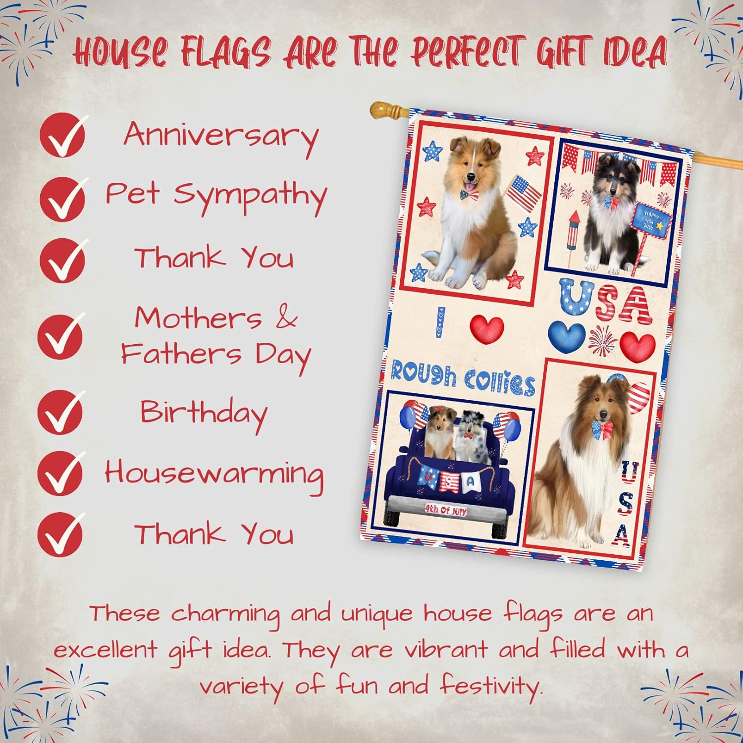 4th of July Independence Day I Love USA Rough Collie Dogs House Flag - Outdoor Double Sided Pet Portrait Weather Resistant Premium Quality Home Decorative Flags - 100% Polyester 29"w x 43"h