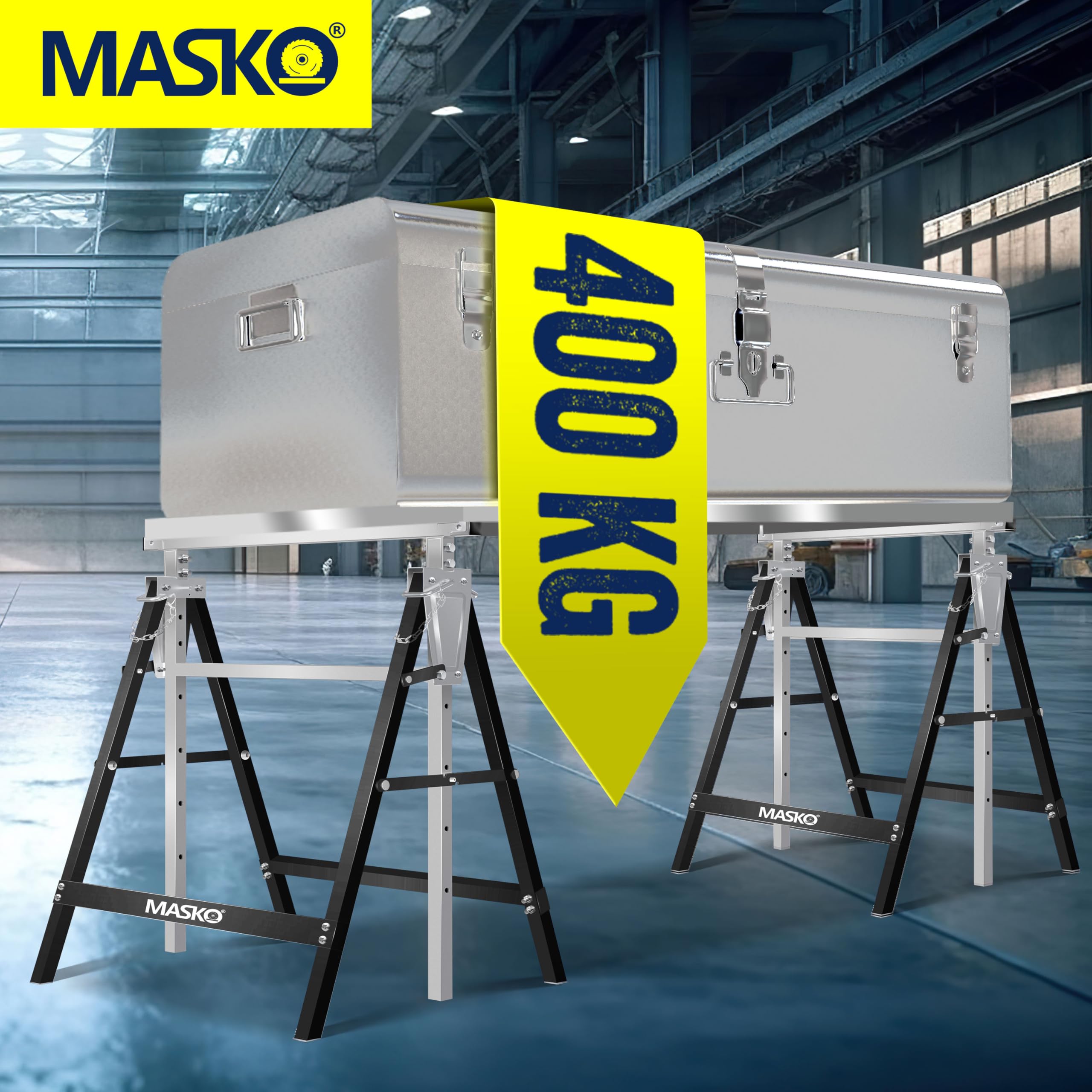MASKO® Caballete de trabajo Telescópico, Capacidad de Carga máx. 200 kg, Caballete de Andamio, Regulable en Altura - Altura de trabajo 800-1300 mm, incl. Guantes, Juego de 4 - Plata/Negro