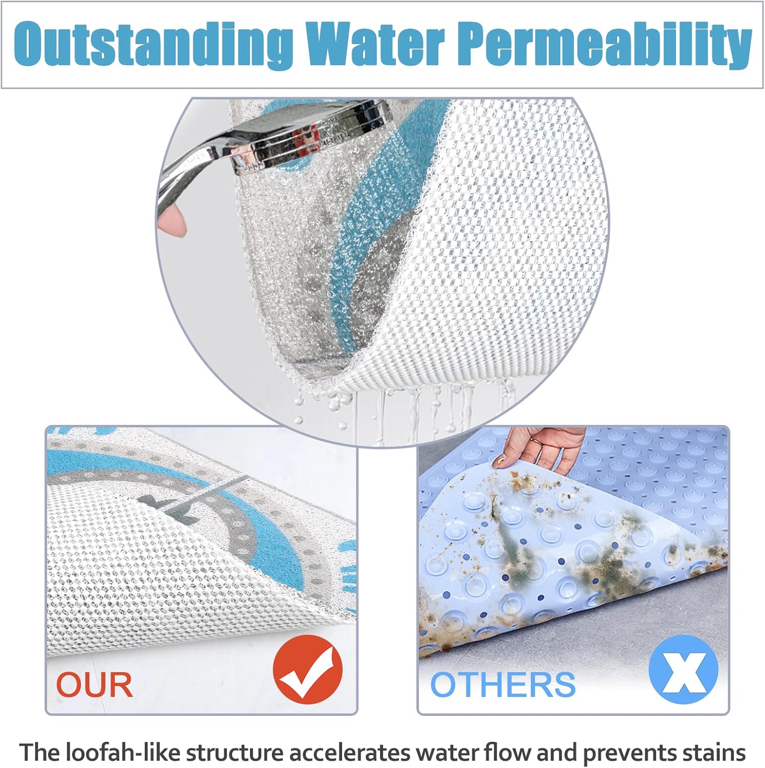 Square Shower Mat 32x32 Inch Non Slip Bath Mat for Inside Shower Loofah Shower Mat for Elderly Soft Textured Foot Massage Pad Bathroom Floor Mat for Wet Area, Without Suction Cups, Quick Drying