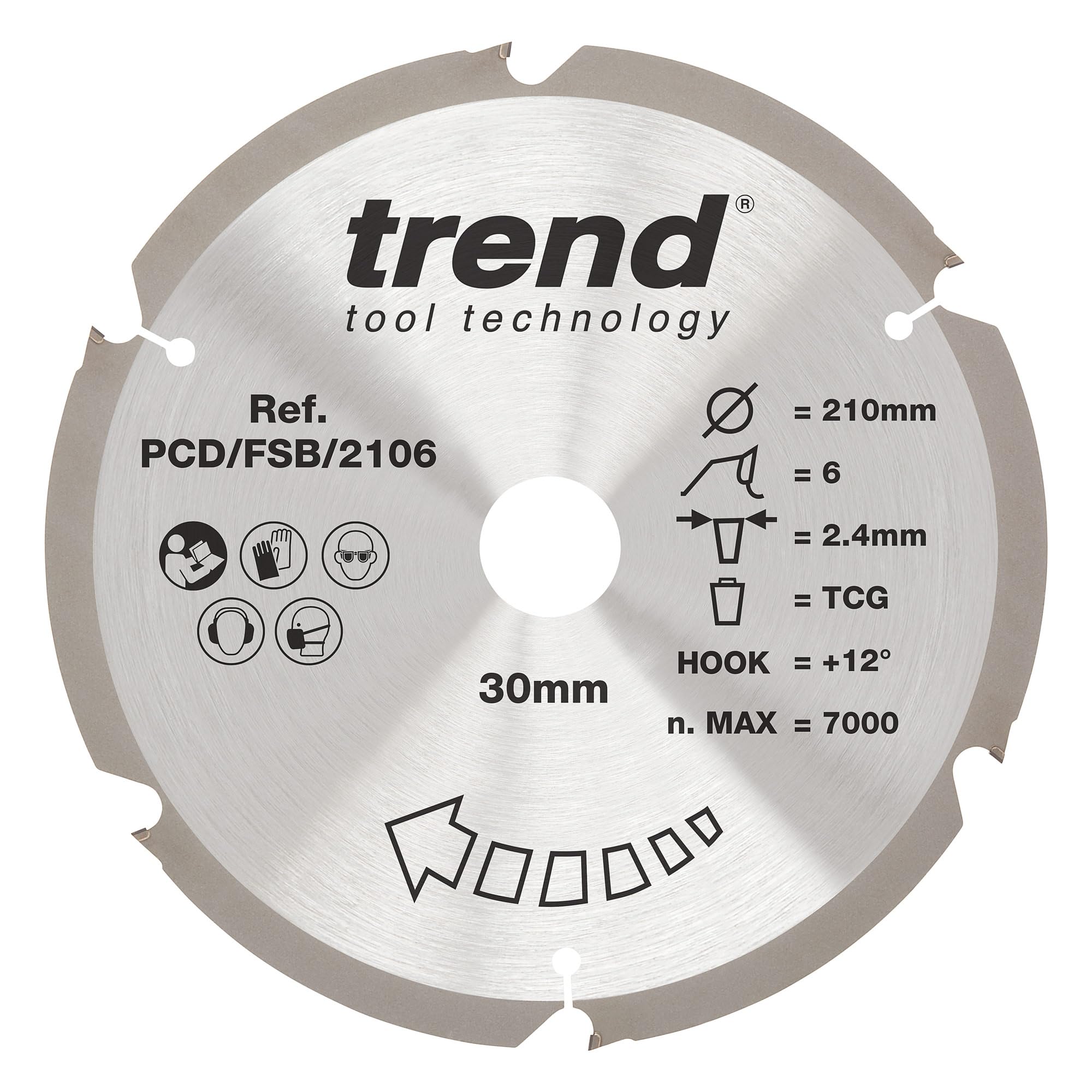Trend PCD Fibre Cement Circular Saw Blade, 210mm Diameter, 30mm Bore, 6 Teeth, 2.4mm Kerf, +12° Hook, PCD, Coarse Finish, PCD/FSB/2106
