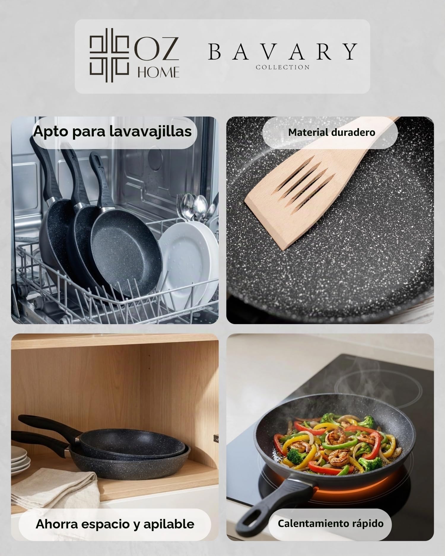 Bavary Juego de sartenes de 3 piezas 20/24/28 cm – Recubrimiento antiadherente de granito – Libre de PFOA y PTFE – Sartén de inducción – Aluminio fundido – Apto para todas las placas de cocción
