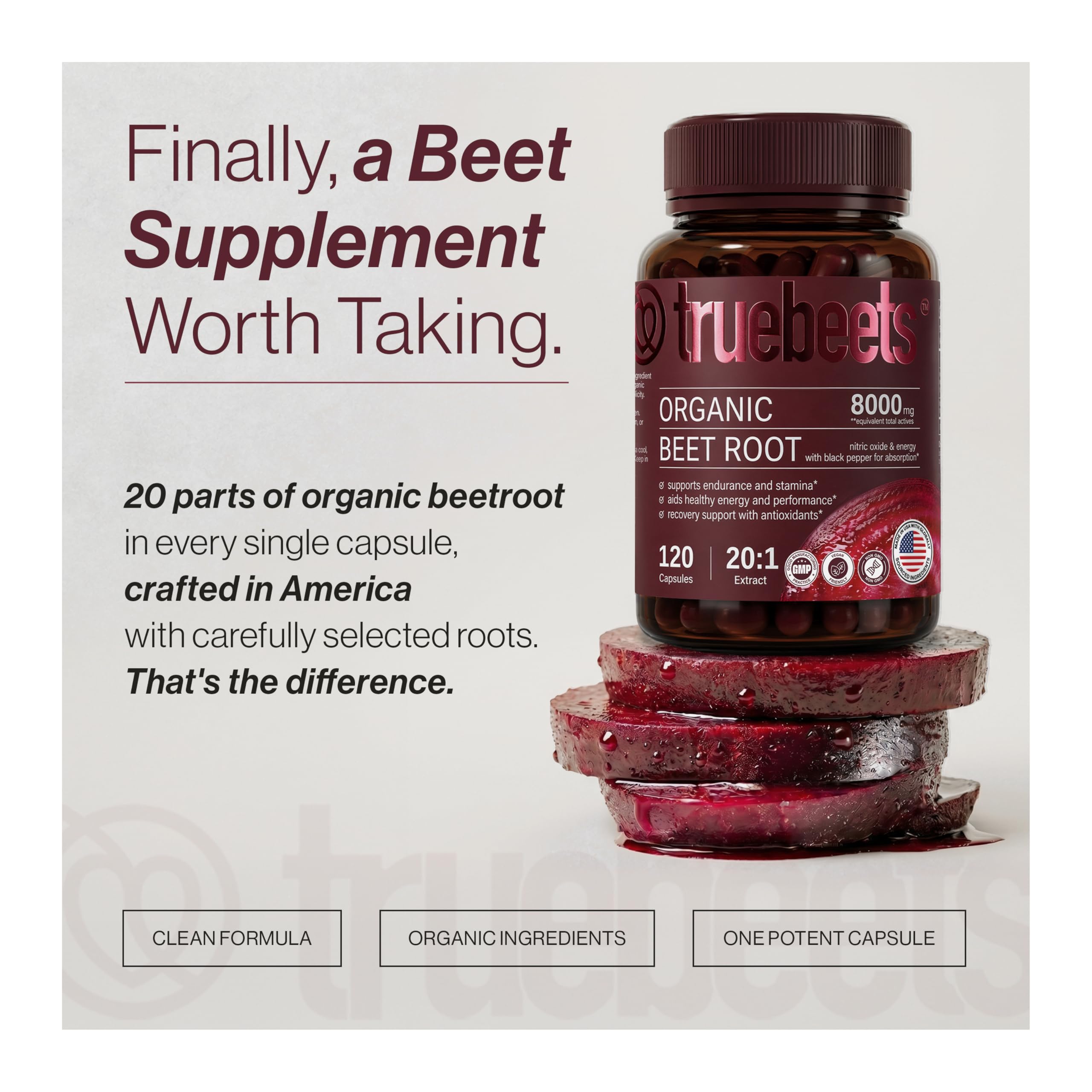 TRUE BEETS Organic Beet Root Capsules - 20:1 Extract Beetroot Supplement, 120 Vegan Capsules, 4 Month Supply - Nitric Oxide & Blood Pressure Support, Non-GMO, Made in the USA — Amazon image 8