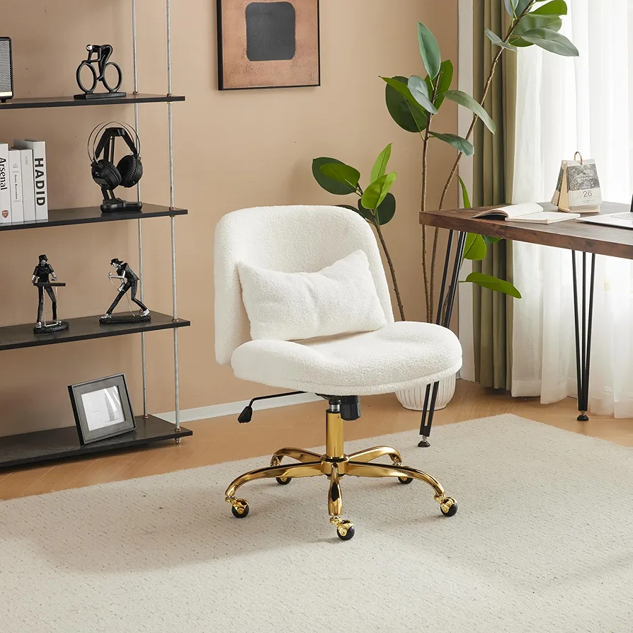 Bonnlo Office Chair without Armrest, Tailor Seat Chair, Dressing Table Chair with Lumbar Cushion, Swivel Chair with Wheels, Height Adjustable, Wide Desk Chair, Home Office, Teddy Fabric (Beige) : Amazon.de: Home & Kitchen