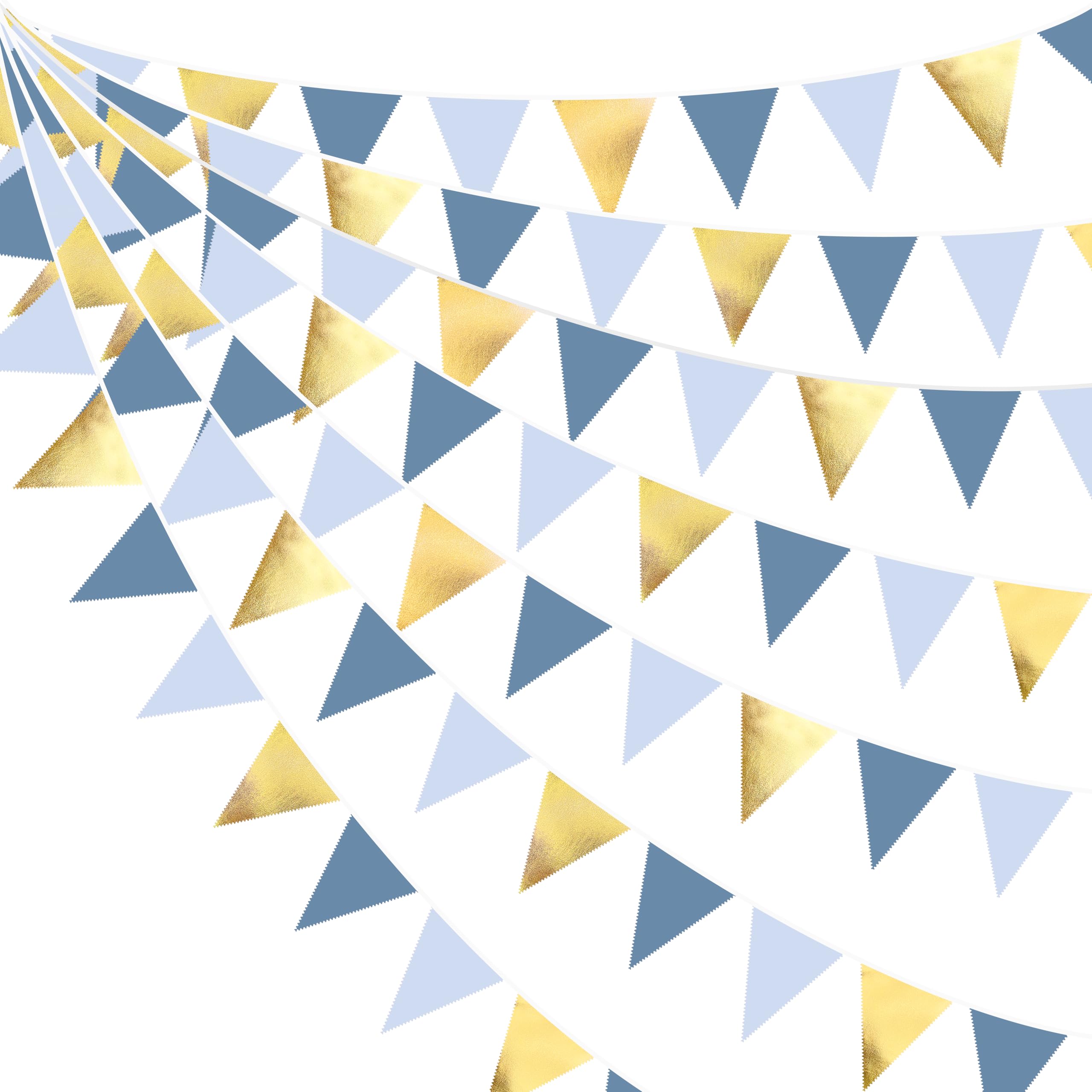 32Ft Dusty Blue Gold Banner Triangle Flag Party Decorations Retro Blue Gold Metallic Fabric Pennant Bunting Streamer for Nautical Ahoy Achor Sea Summer Birthday Wedding Bridal Baby Shower Party — image 1