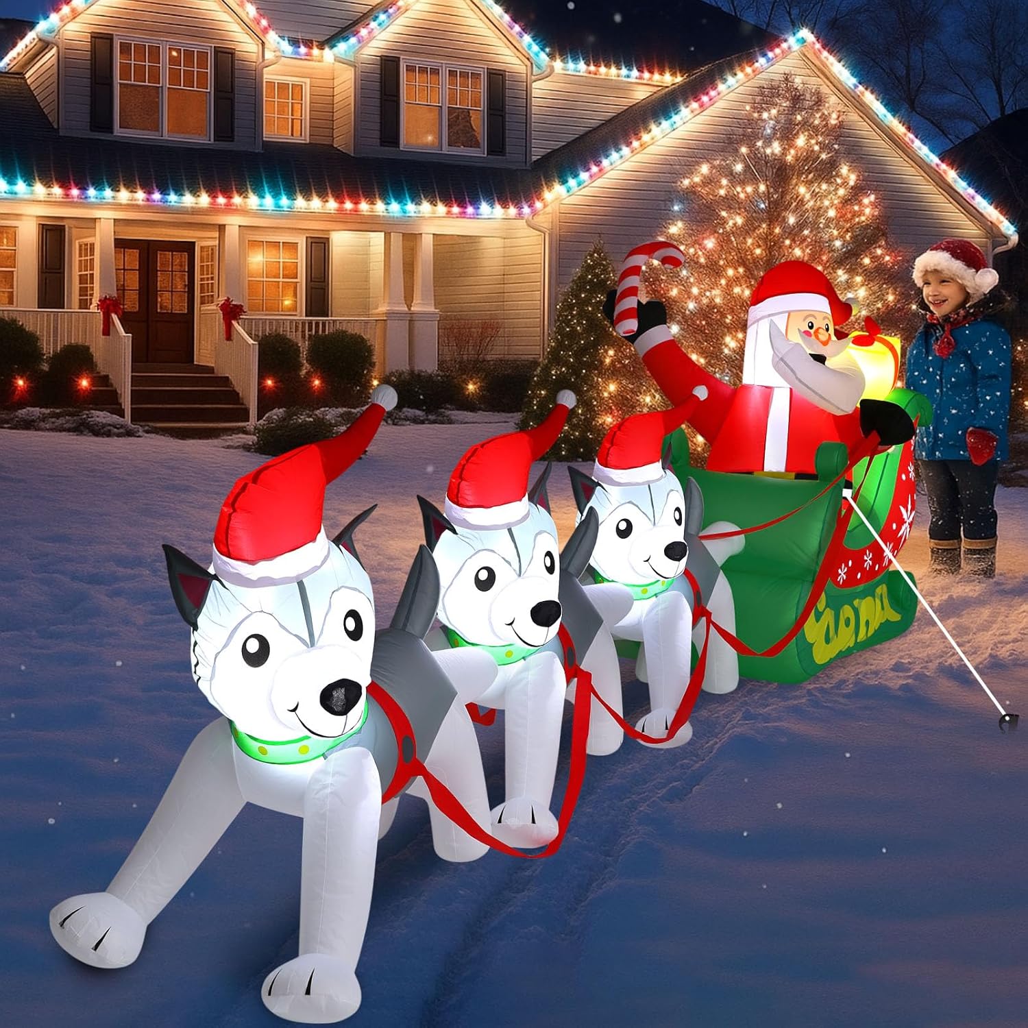 Capoda 12 FT Santa Sleigh Inflatable Decorations Outdoor, Giant Christmas Santa Claus on Sleigh with 3 Dogs Blow up Decor with Built-in LED Lights for 2025 Holiday Yard Lawn Garden Decoration - Image 5