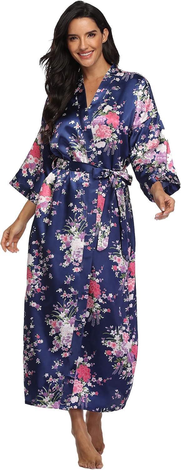 Mignon Cromwell Women's Long Satin Robe Floral Kimono Dressing Gown Lightweight Sleepwear Bridal Party Bridesmaids Robes