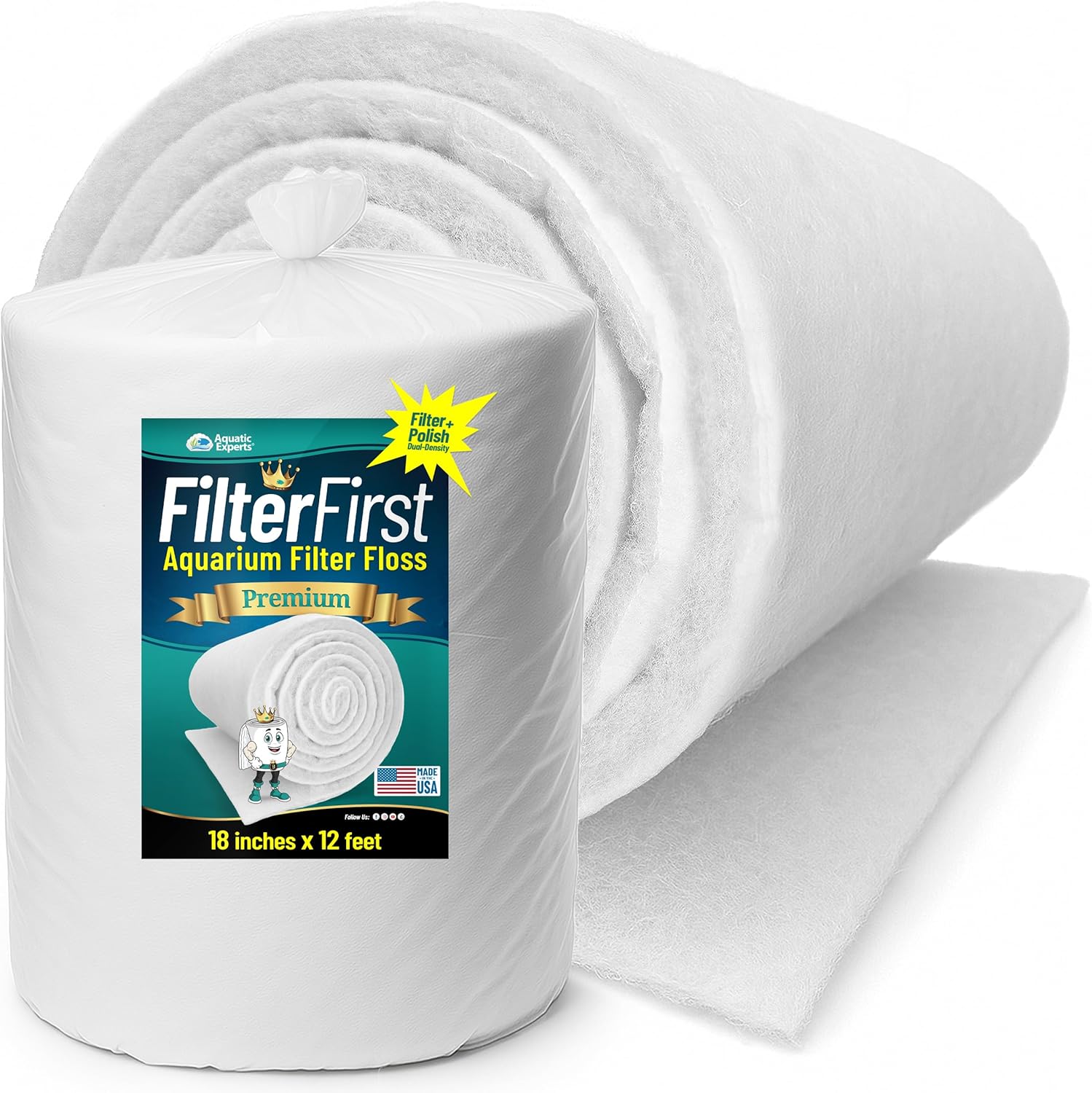 Aquatic Experts Aquarium Filter Floss for Fish Tank Filters - FilterFirst Aquarium Filter Pad - Media Roll for Crystal Clear Water, 3/4" - 1" Thick (18 Inch Wide, 12 Feet Long)