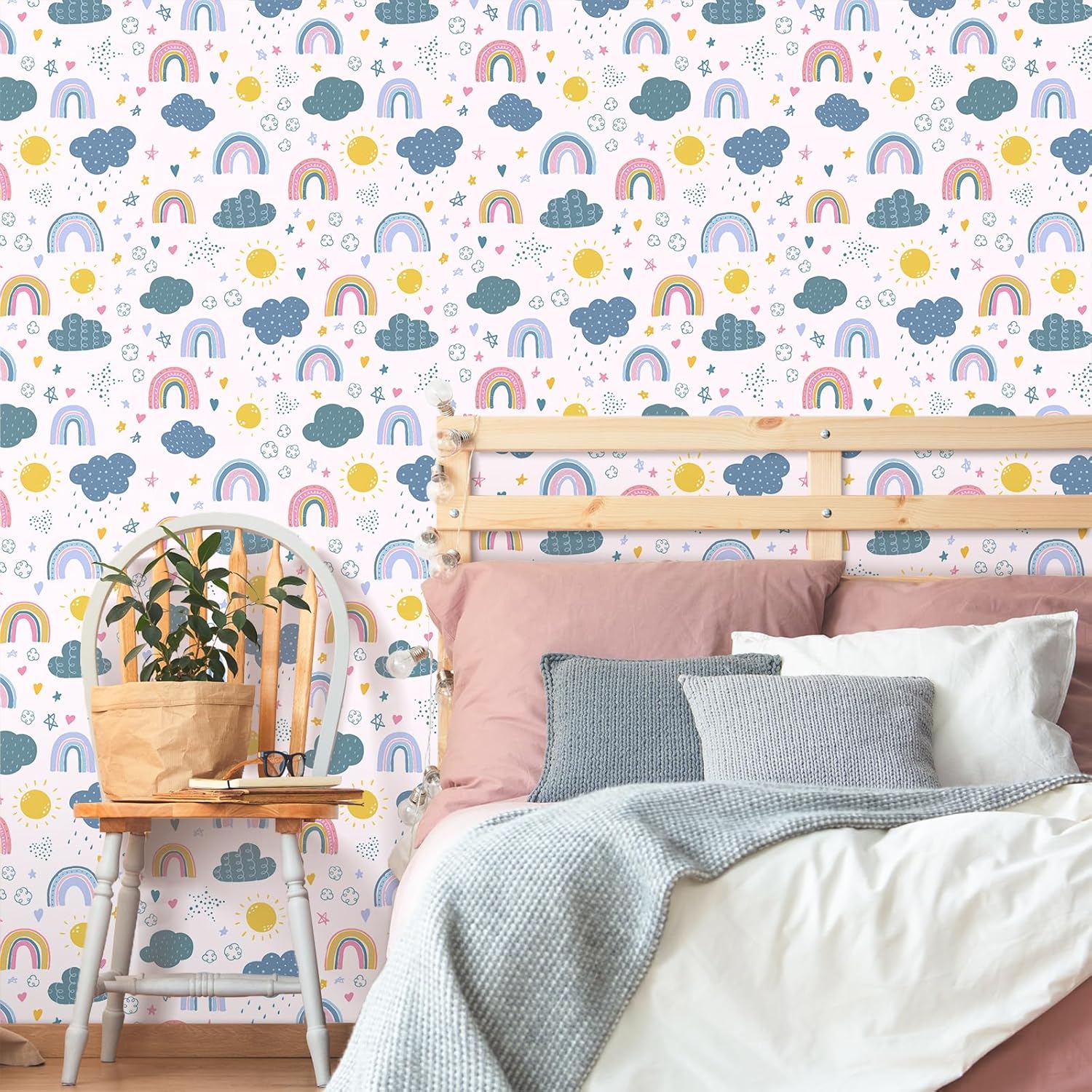 CRE8TIVE 24"x118" Cartoon Rainbow Peel and Stick Wallpaper for Bedroom Cloud Sun Heart Star Nursery Wallpaper Removable Self Adhesive Vinyl Contact Paper for Baby Kids Room Classroom Drawer Wall Decor