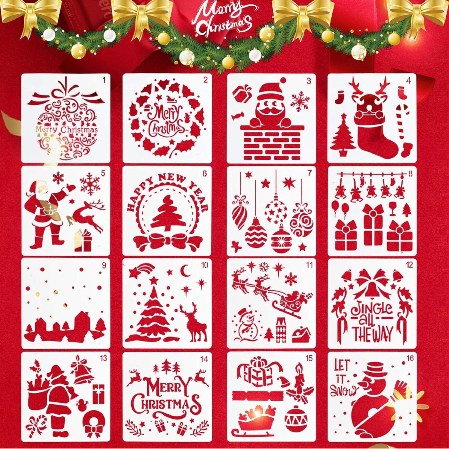 Weihnachtsschablonen Set • 8 Stück • Wiederverwendbar • PET Material • 4 Größen • Für DIY Deko