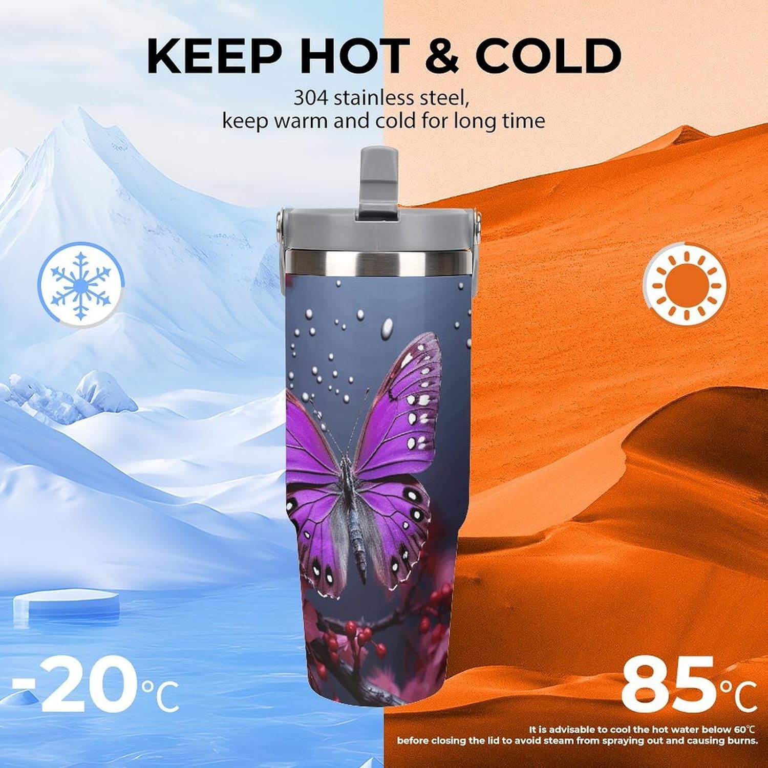 30oz Insulated Tumblers with Top Handle, Stainless Steel Purple Plum Butterfly Car Cup with Straw for Gift, Leak-Proof Double Wall Vacuum Travel Mug, Personalized Water Bottles White