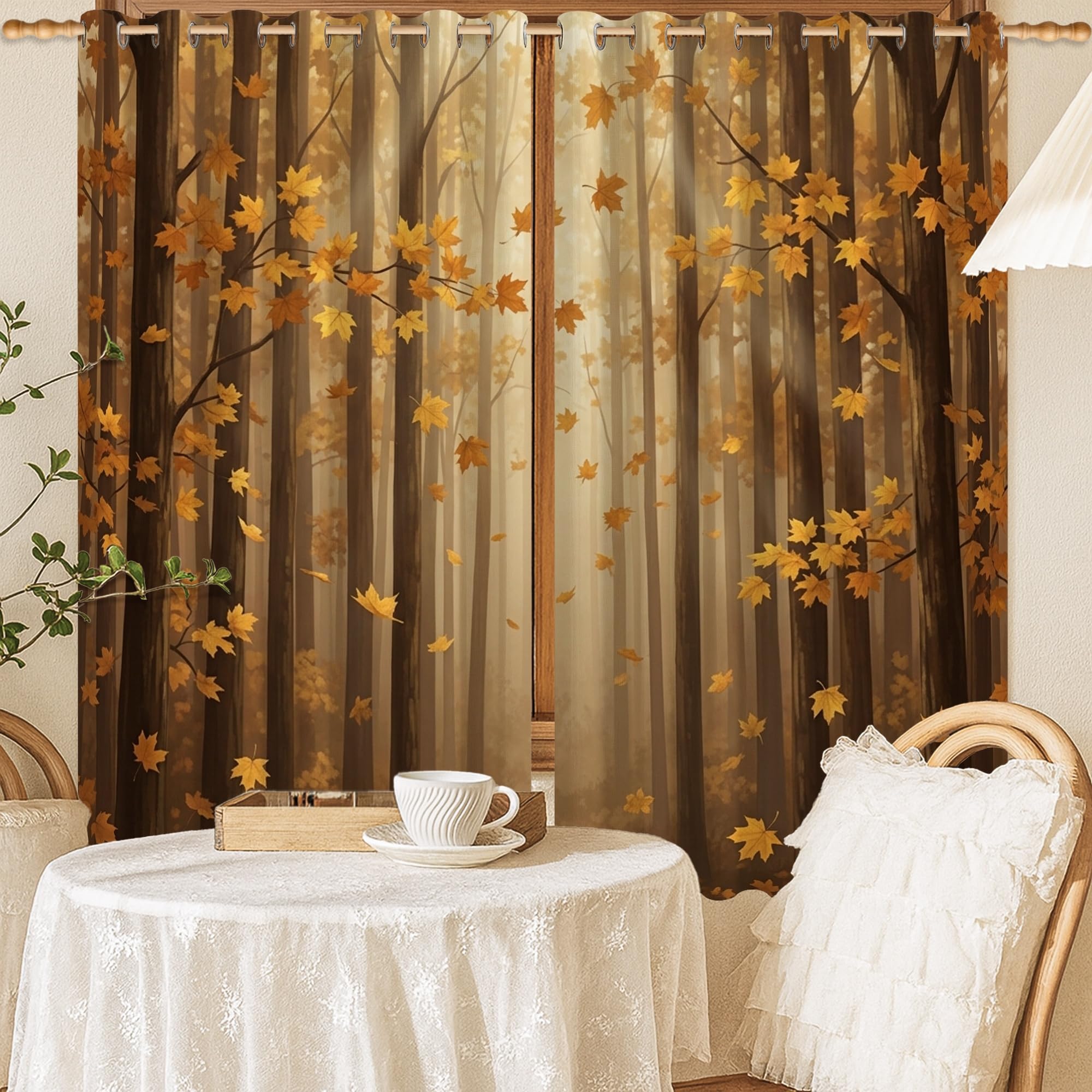 Rideaux occultants rustiques marron avec feuilles d'érable de dimensions 132 x 137 cm