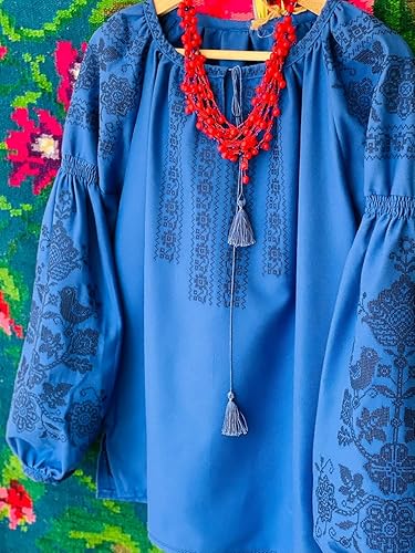 Miniatura 4 de Blusa bordada ucraniana - Camisa casera de algodón azul con bordado floral Vyshyvanka Top para mujer Tamaño y color personalizados XS a 4XL