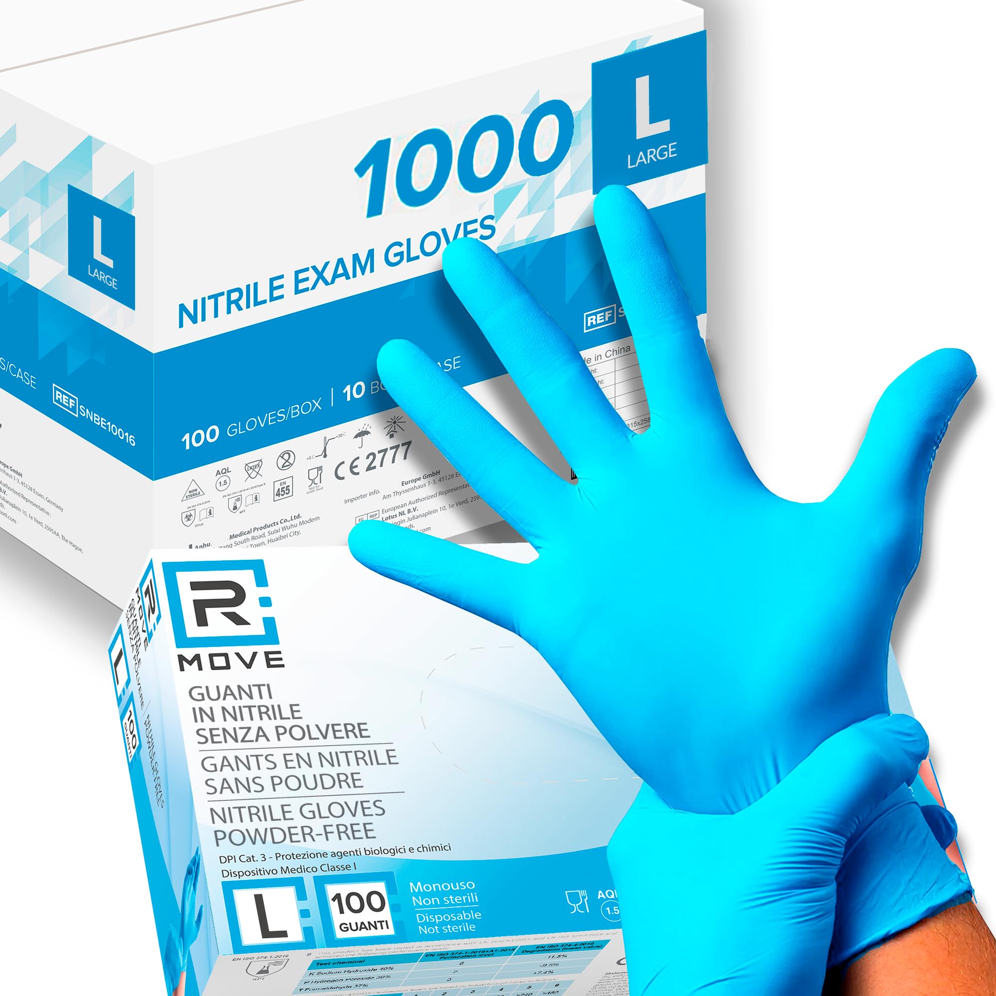 1000 guantes de nitrilo sin polvo, sin látex, hipoalergénicos, certificados CE según EN455, guantes médicos desechables (Talla L)