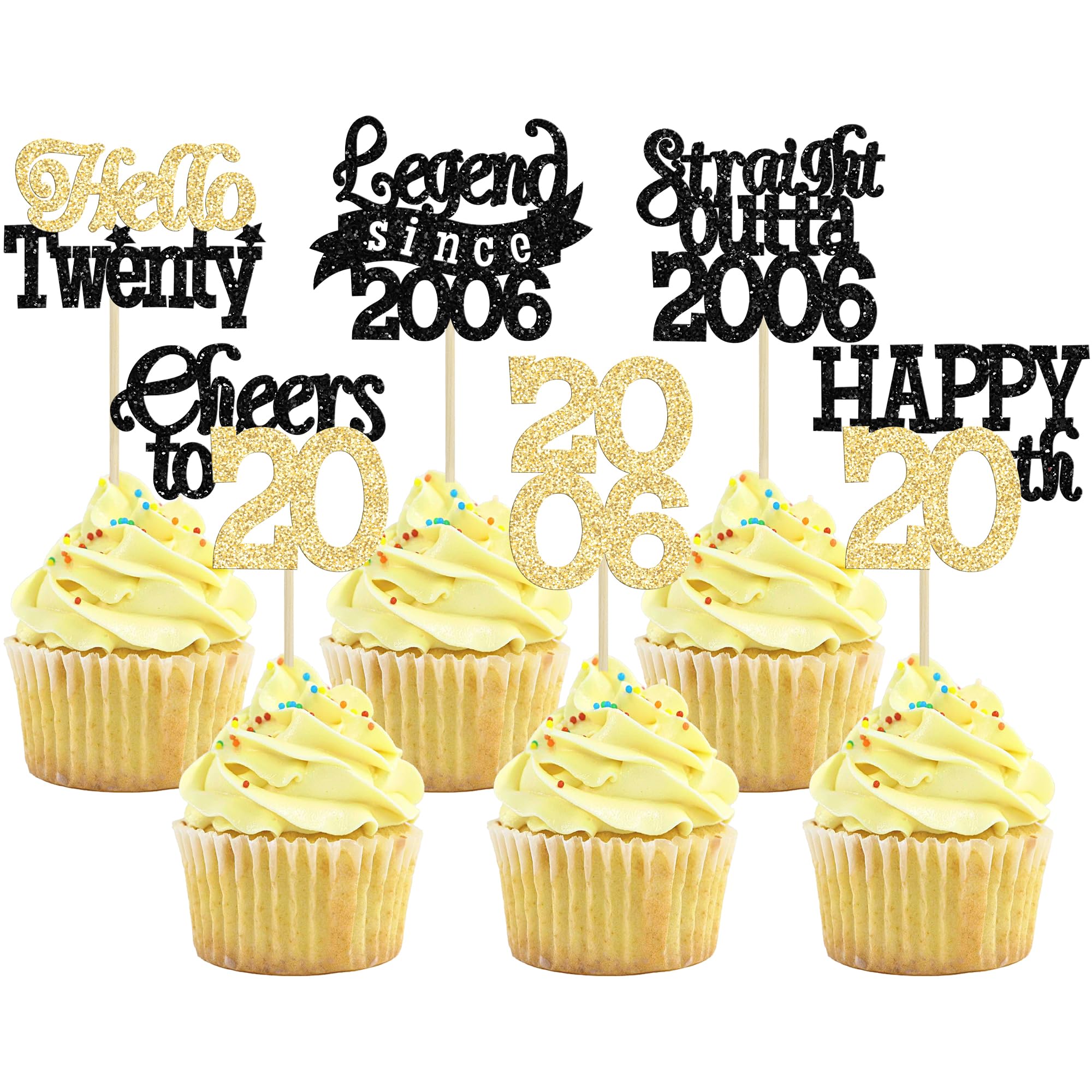 Gyufise 24Pcs Happy 20th Birthday Cupcake Toppers Hello Twenty Legend Since 2006 Cupcake Picks Cheers to 20 Years Cake Decorations for 20th Birthday Anniversary Party Decorations Supplies Black Gold
