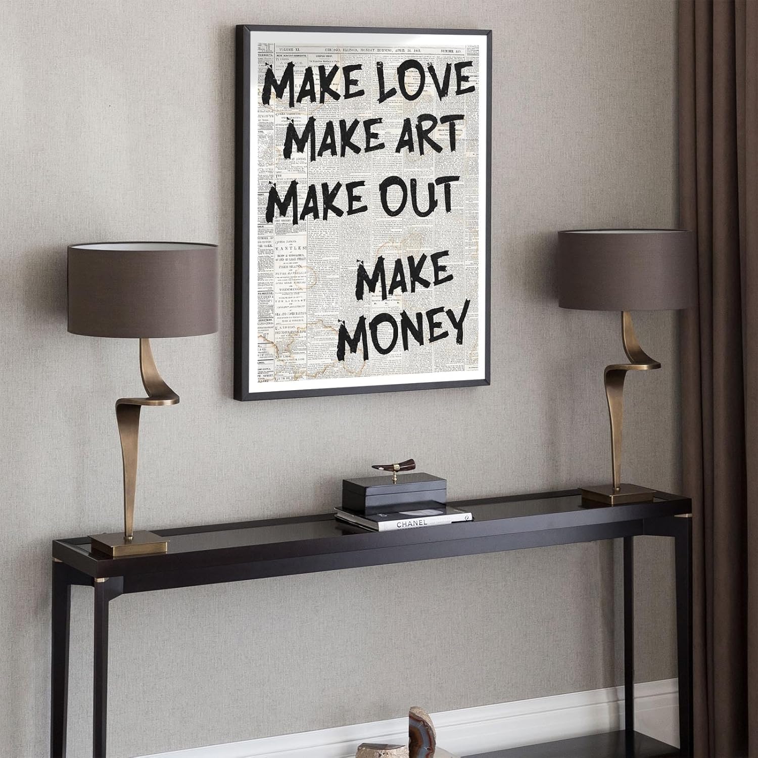 Make Love Make Art Make Out Make Money Wall Art Black And White Newspaper Canvas Posters Motivational Positive Prints Painting For Living Room Dorm Wall Decor 16x24in Black Framed