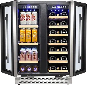 55 Cans, 20 Bottles Wine Fridge, Dual Zone Wine and Beverage Refrigerator ,Quiet Compressor, Blue LED, 24 Inch Under Counter Fridge for Home Entertaining