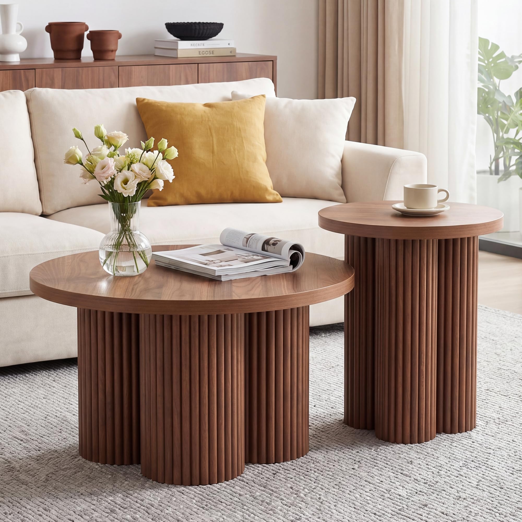 Nesting Coffee Tables Set of 2 Fluted Round Coffee Table (Walnut)