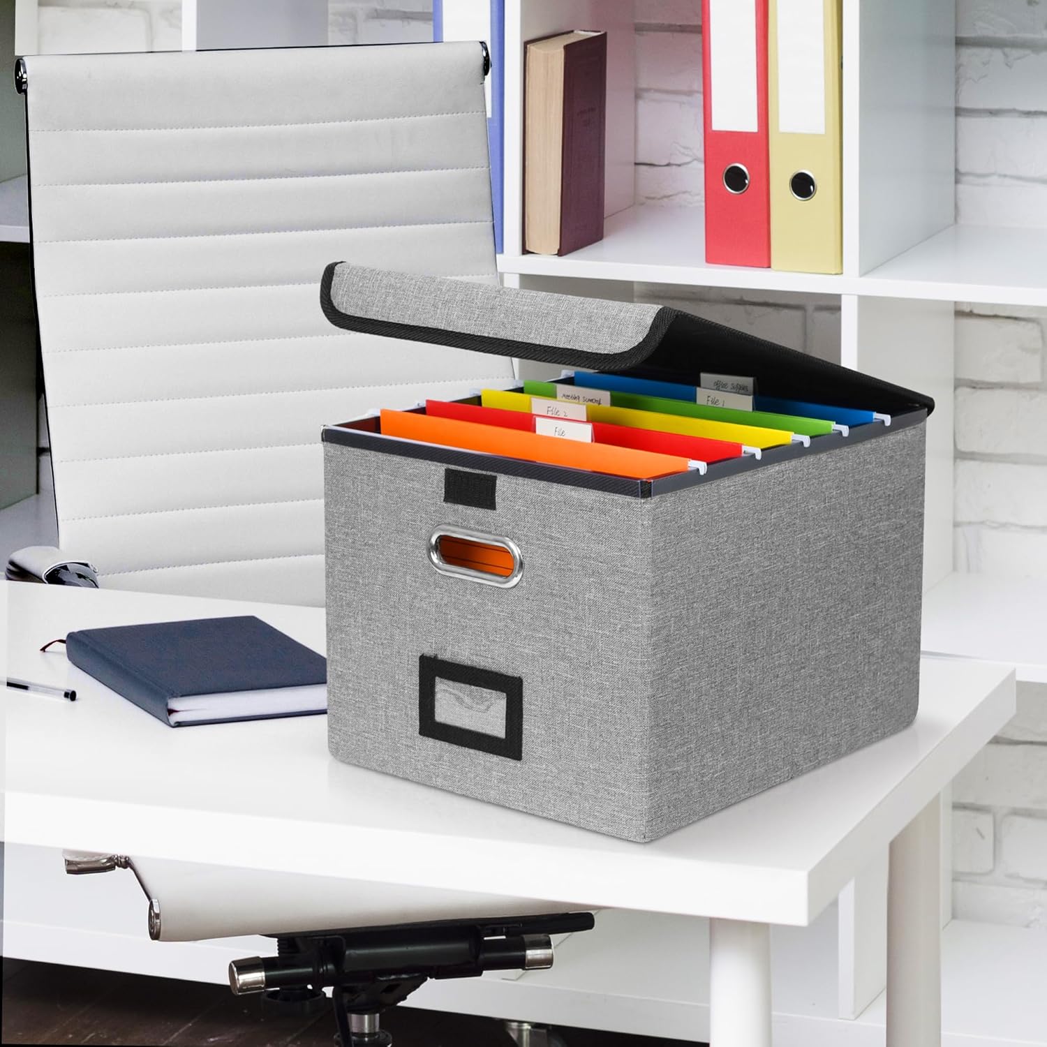 File Organizer Box with 5 Hanging Folders & Plastic Slide, Collapsible Linen File Box with Lid for Office, Home, Moving, Portable File Storage Organizer Fits Letter/Legal Size, 1Pack, Grey 1 Pack with 5 Folders & 4 Plastic Slides A-Grey