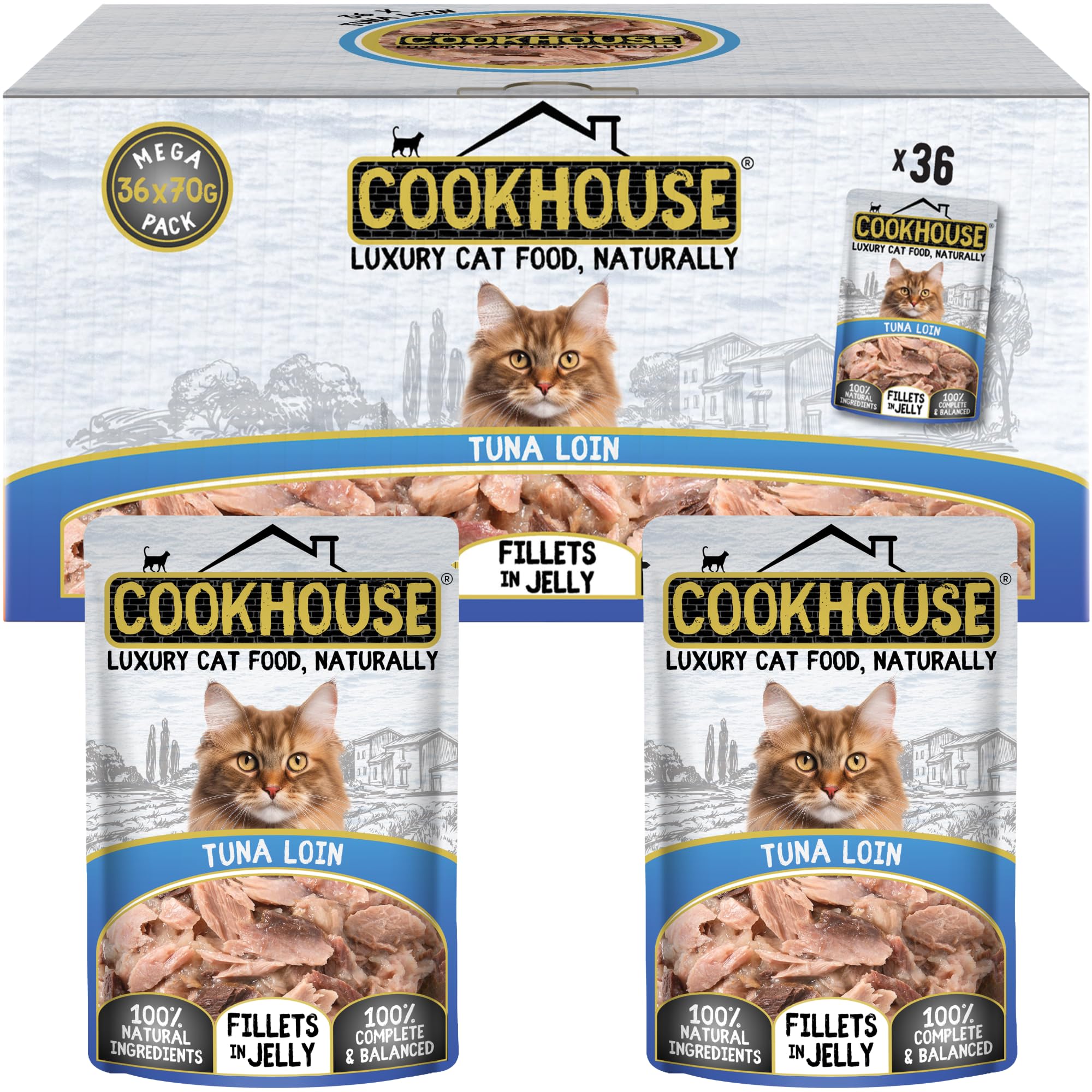 COOKHOUSE 100% Natural & Complete Luxury Wet Cat Food - 36 x 70g Pouches - Tuna Loin - Fillets in Jelly