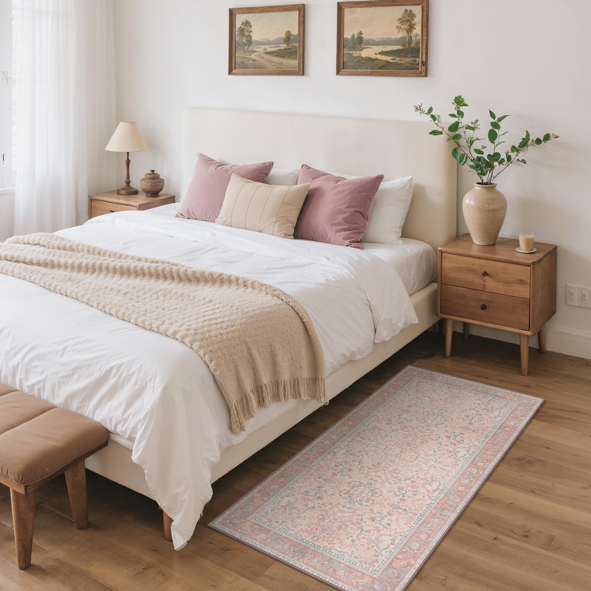 GENIMO 80x150cm Washable Pink Runner Rug, Vintage Floral Style with Non-Slip Backing, Soft Carpet for Bedroom, Hallway, Entryway & Corridor