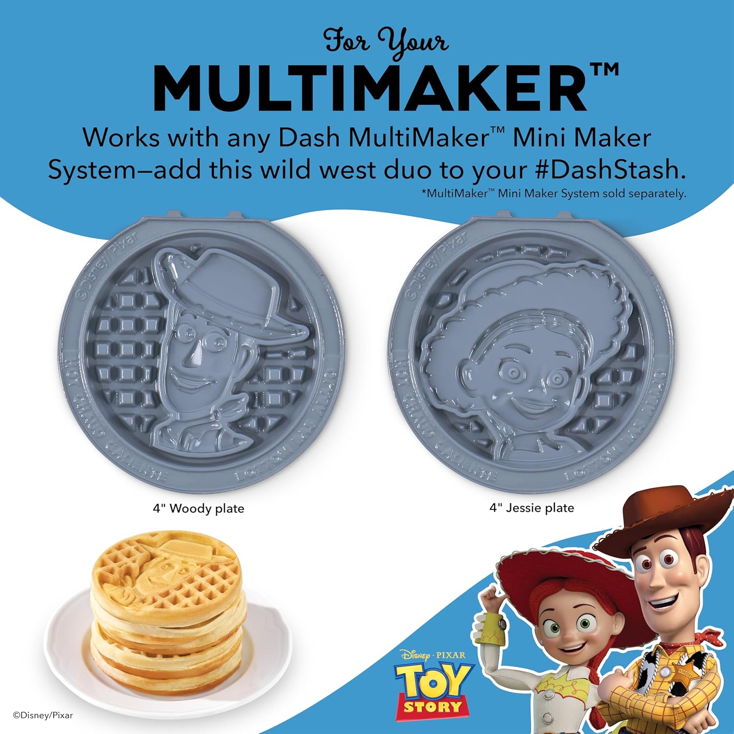 Disney Dash MultiMaker® Mini System Removable Plate Set - Ceramic Coating Replacement Plates for Waffle Breakfast - Waffle Maker Not Included - 4-Inch - 2-Pack - Toy Story Woody & Jessie