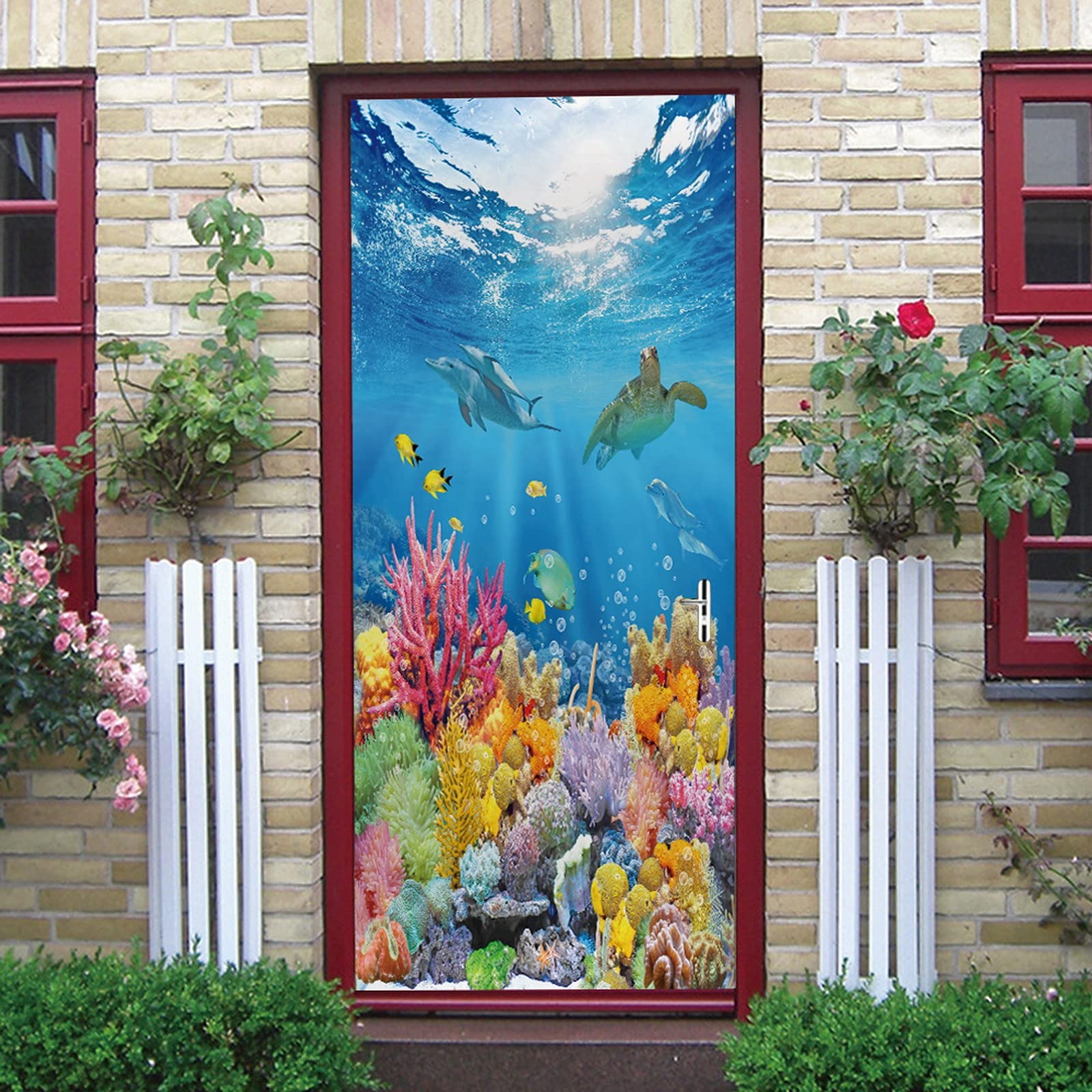 A.Monamour Adesivo Porta Autoadesiva Mondo Marino Sottomarino Pesce Tropicale Barriera Corallina Delfino Tartaruga Vinile PVC Adesivi per Porte 3D Pellicola Adesiva Poster Sticker Murale Parete