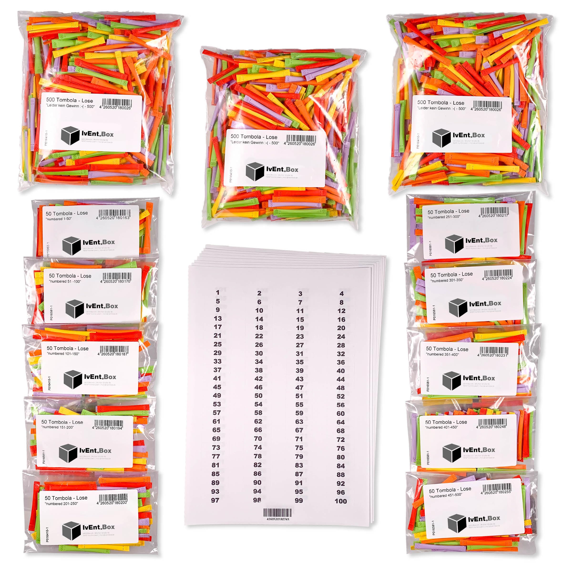 Tombola Lose - Regenbogenlose SET | 1-500 Gewinne | 1500 Nieten | inkl. Aufklebenummern | bunt gemischt