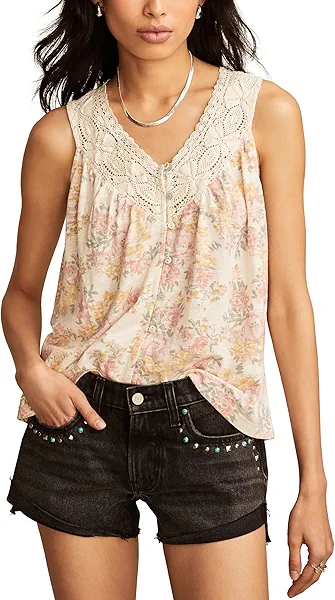 Lucky Brand Women's Printed Lace Trim Tank