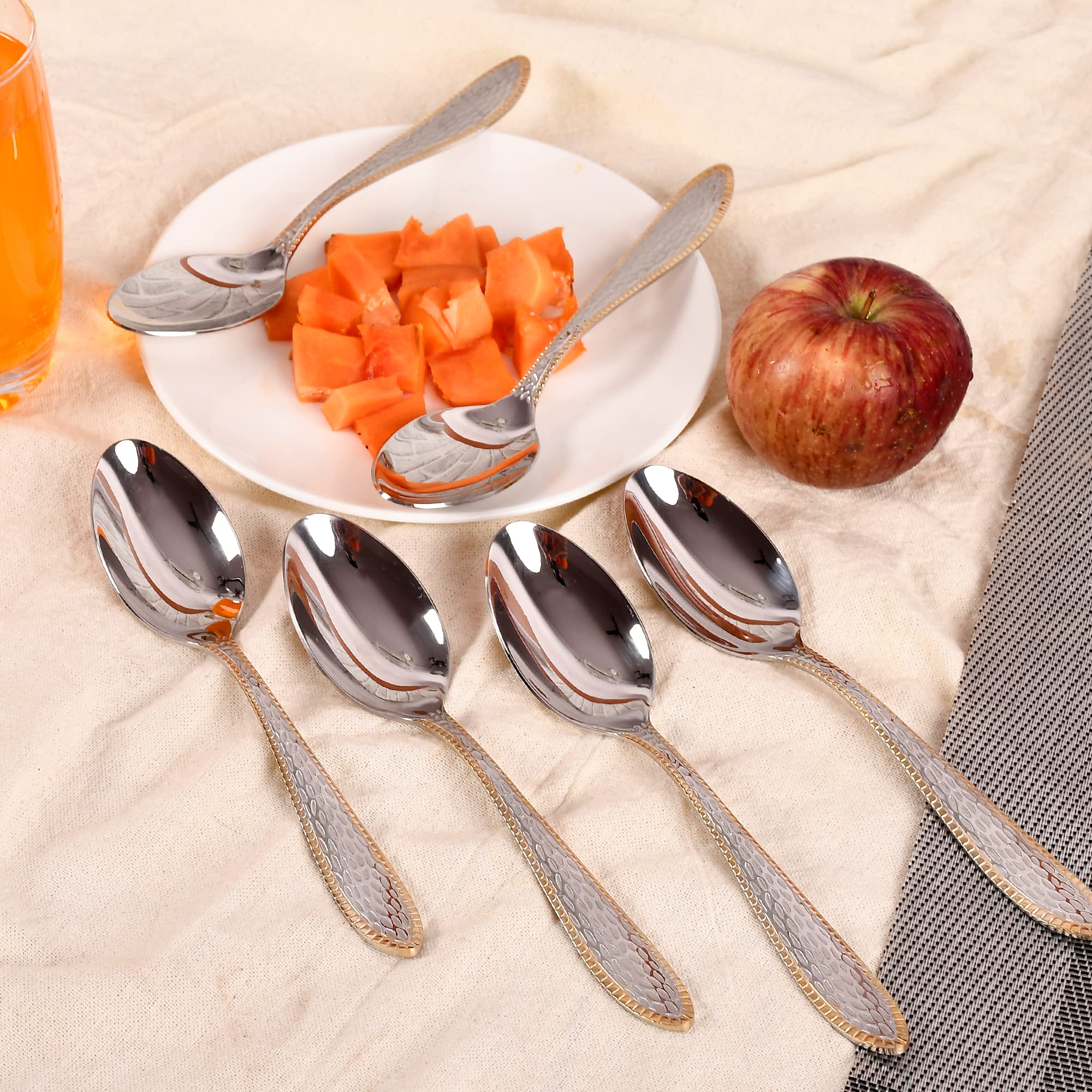 HAINE Stainless Steel Gold Bordered Textured Spoons Set of 6 (18cm) 2