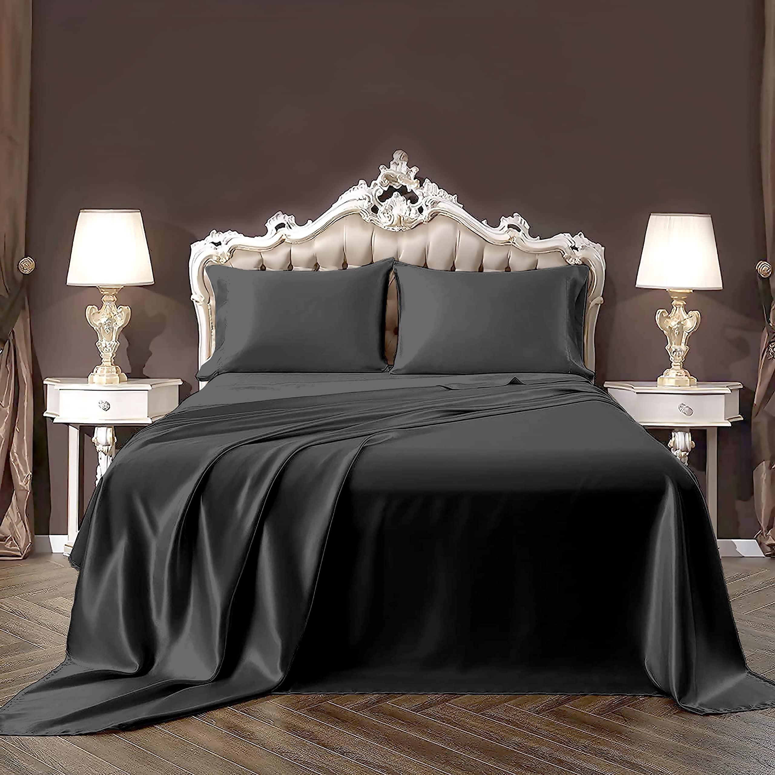 PURE ECO Silk Satin BedSheet Set 4 Piece Full XL Size (54x80)+ 16 Inch Deep Pocket Dark Grey Color Cooling Soft and Silk Satin Sheets Full XL Size