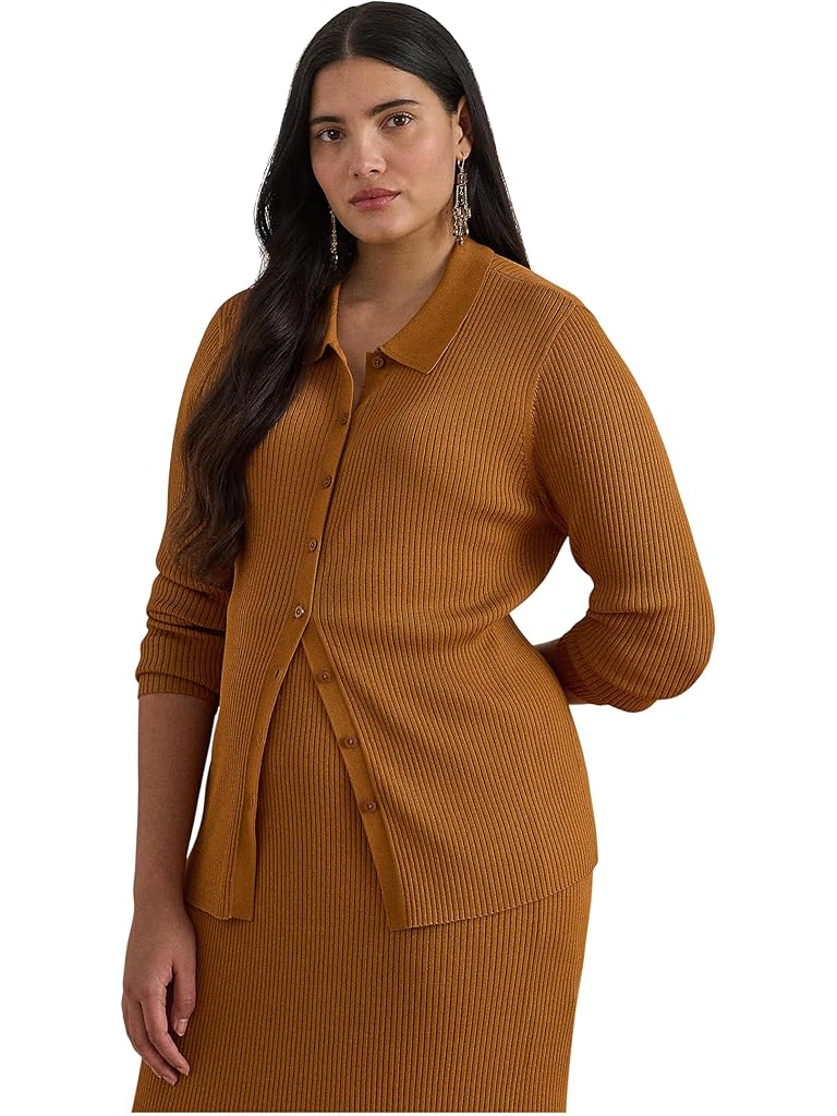 Brown Lauren Ralph Lauren Plus-Size Rib-Knit Long-Sleeve Polo Cardigan
