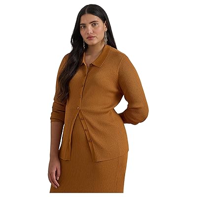 Lauren Ralph Lauren Plus Size Rib Knit Long Sleeve Polo Cardigan Women
