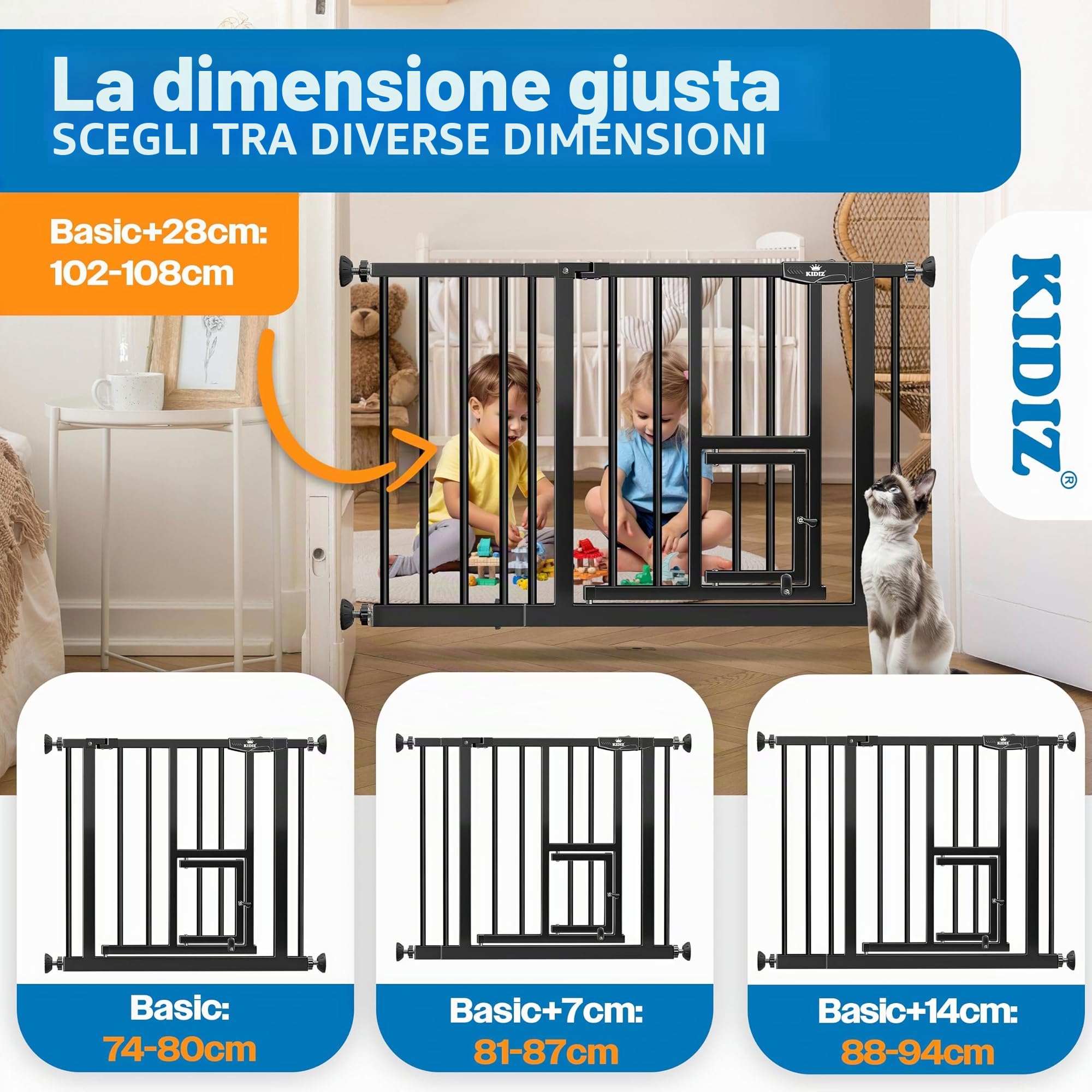 KIDIZ Autoclose - Griglia di protezione per scale, con morsetto, senza foratura, protezione di arresto a 90°, orientabile, nera, larghezza: 102-108 cm