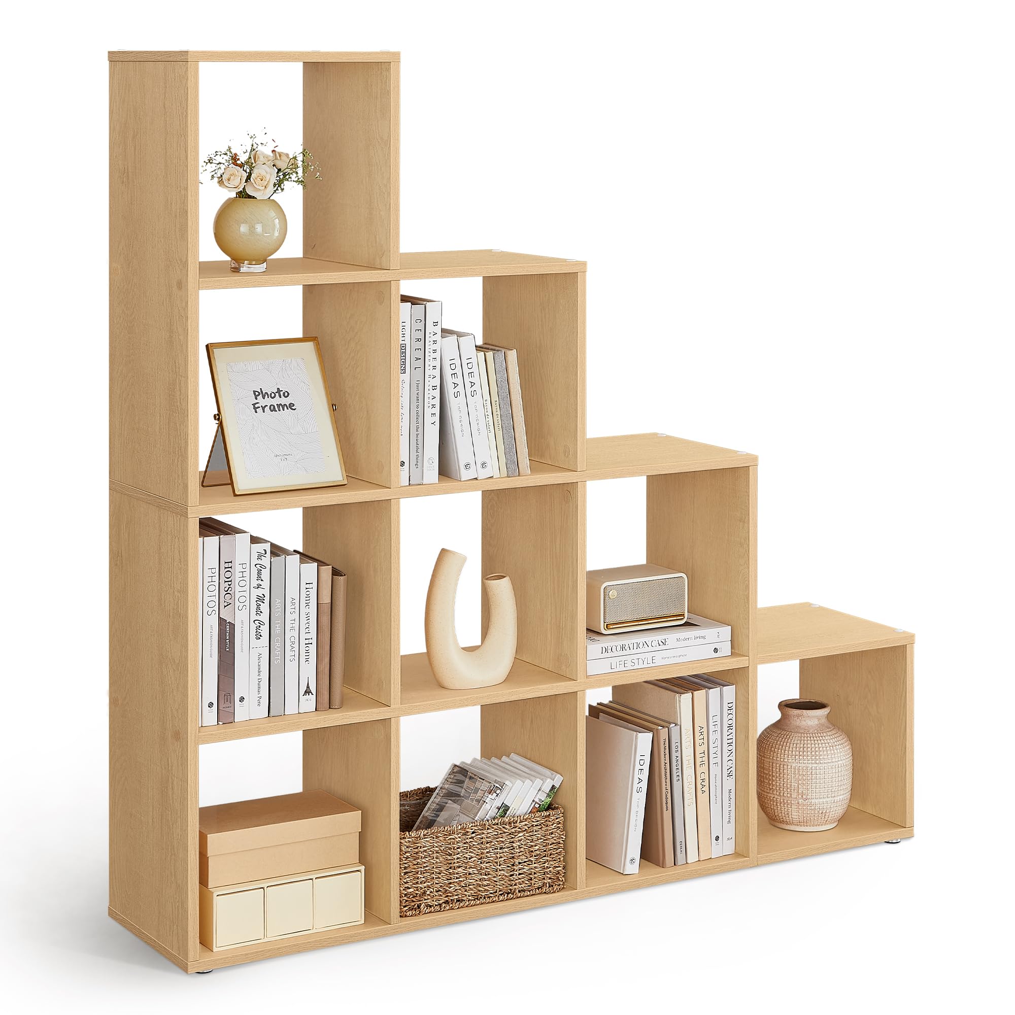 VASAGLE Bücherregal mit 10 Fächern, Regal offen, Stufenregal, Ordnungssystem für Deko, Fotos, Pflanzen, Wohnzimmer, Schlafzimmer, Arbeitszimmer, 29 x 129,5 x 129,5 cm, eichenbeige LBC010Y01