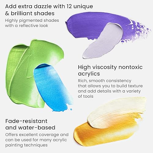 Miniatura 4 de ARTEZA Juego de pintura acrílica metálica de 12 colores, tubos de 0.74 onzas, pinturas de artistas no tóxicas para pintores aficionados, suministros