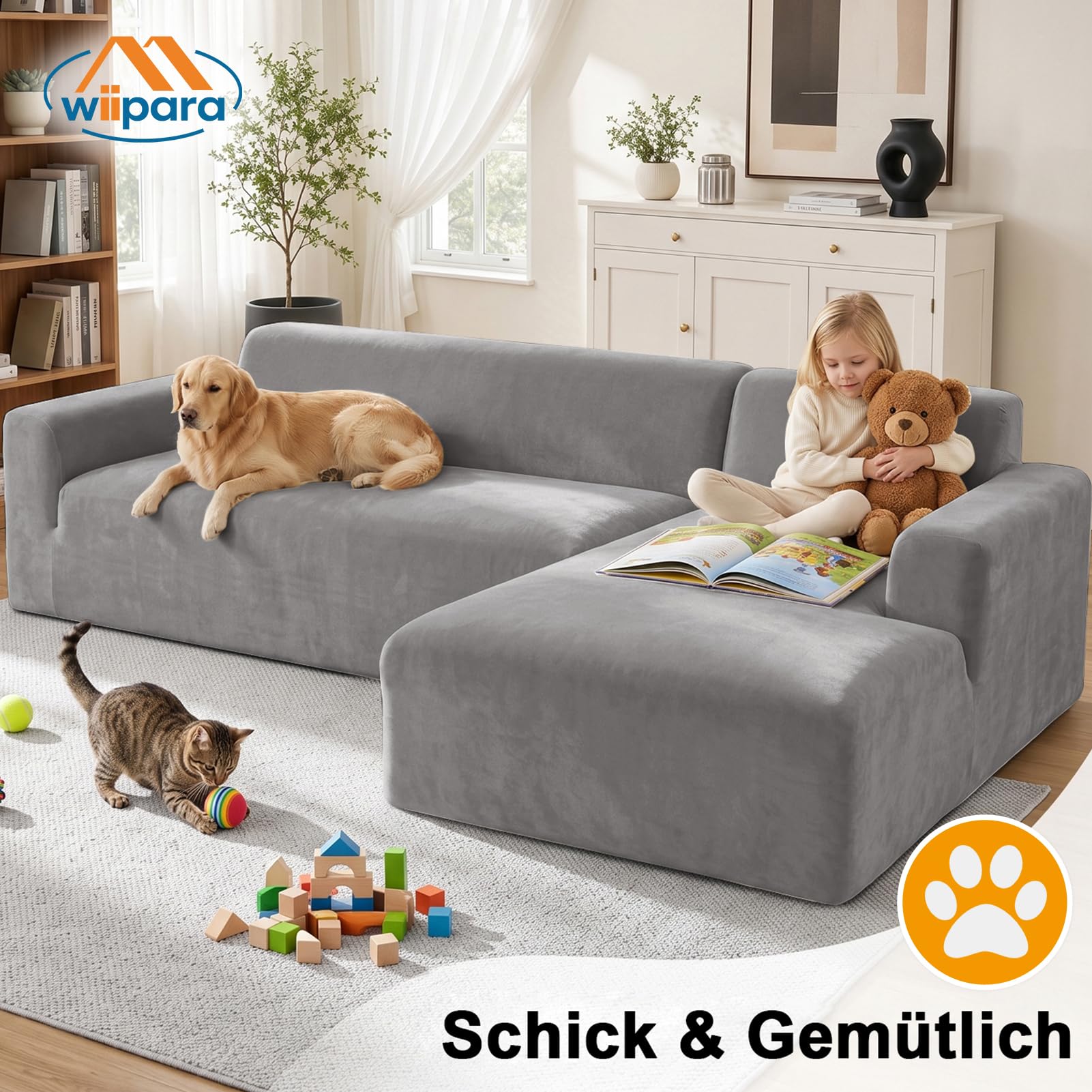 Samt Sofa Überzug 3 Sitzer, Stretch Couchbezug Silbergrau, 1 Stück | Dicker Plüsch Sofabezug, Elastisch, Superweich & Atmungsaktiv für Haustiere, Wohnzimmer (L-Form Ecksofa erfordert Zwei)