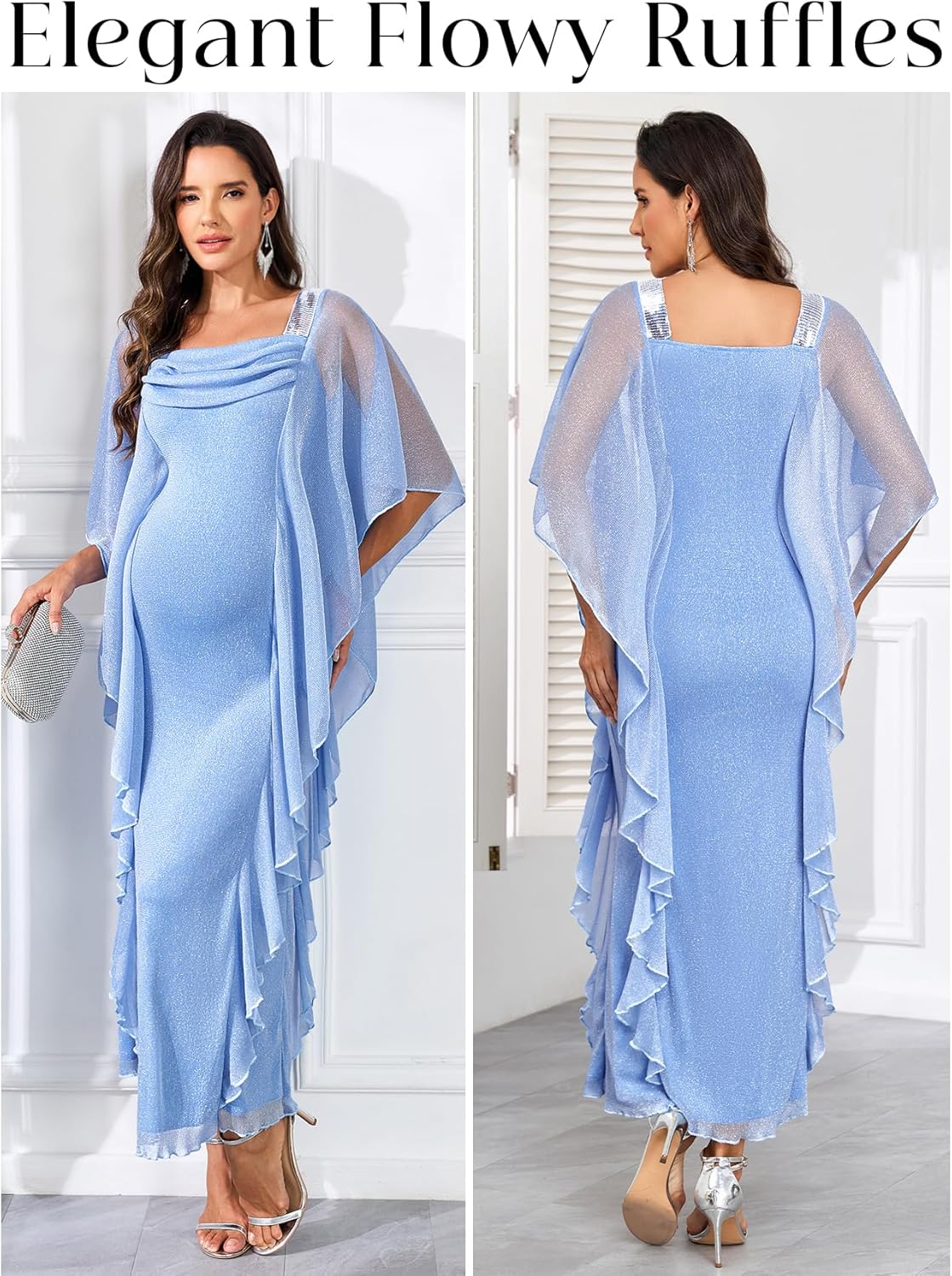 CYCLAMEN Formal Maternity Dress Ruffles Flowy Sparkly Maxi Evening Gown Baby Shower Wedding Guest Photoshoot Pregancy Gala