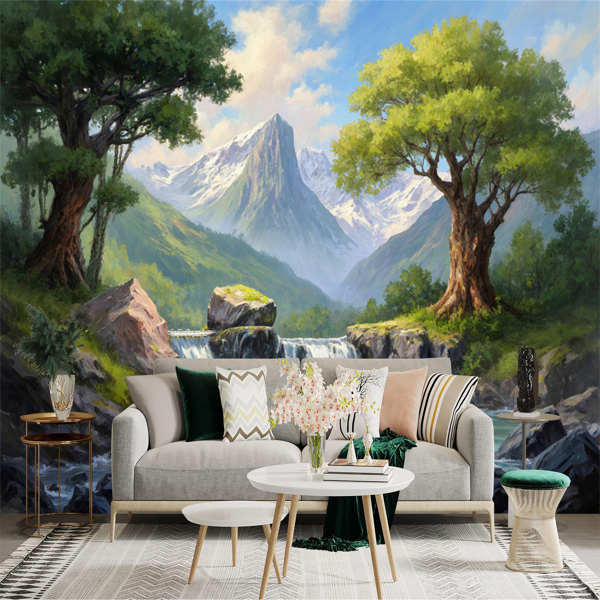 Lnzczhyre Xc260505252 Custom Size Wall Sticker Mural， Majestic Mountains With Lush Trees， Serene Waterfall Landscape， Natural Forest Scenery， For Wall Decoration， Peelandstick Wall Decals.