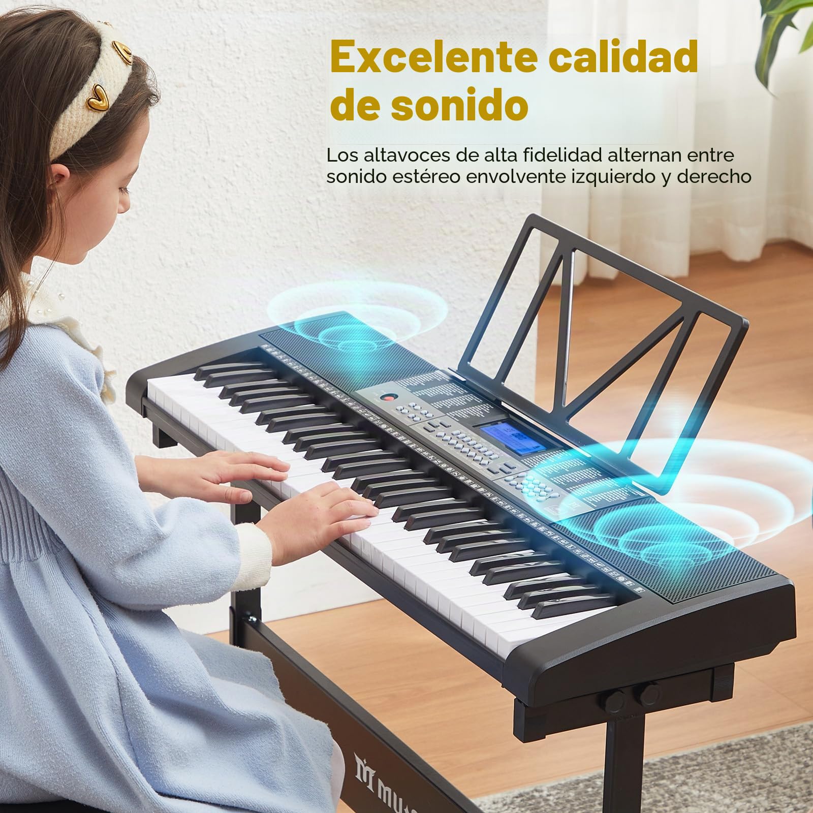 MUSTAR 61 Key Lighting Digital Piano con Función Táctil - Electrónico para Principiantes con Lecciones Inteligentes, Soporte, Taburete, Auriculares y Función USB