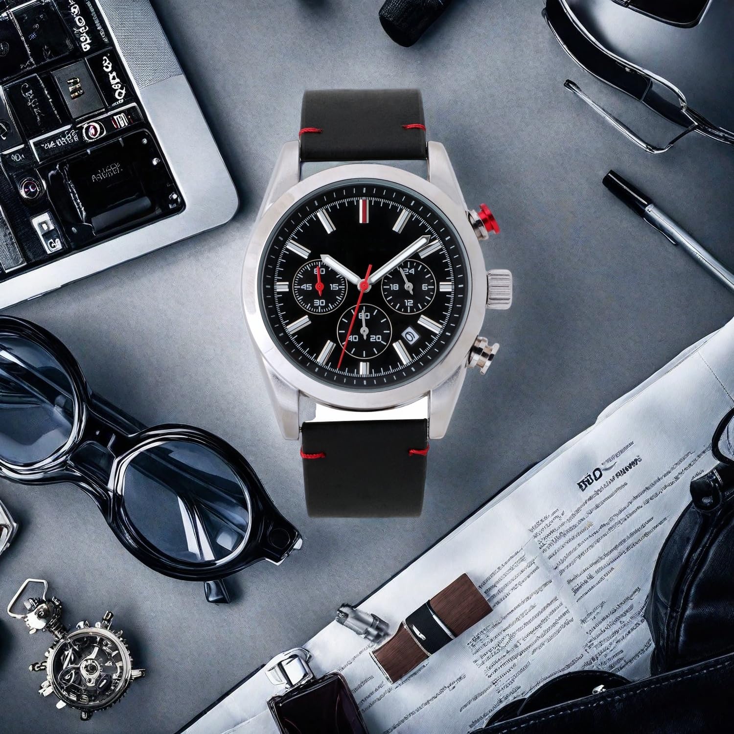 NUOVO Orologio Analogico al Quarzo Analogico Classico a tre Lancette da Uomo da 42 mm Con Quadrante Nero Mezzanotte e Cassa in Lega con Cinturino in Pelle Nera