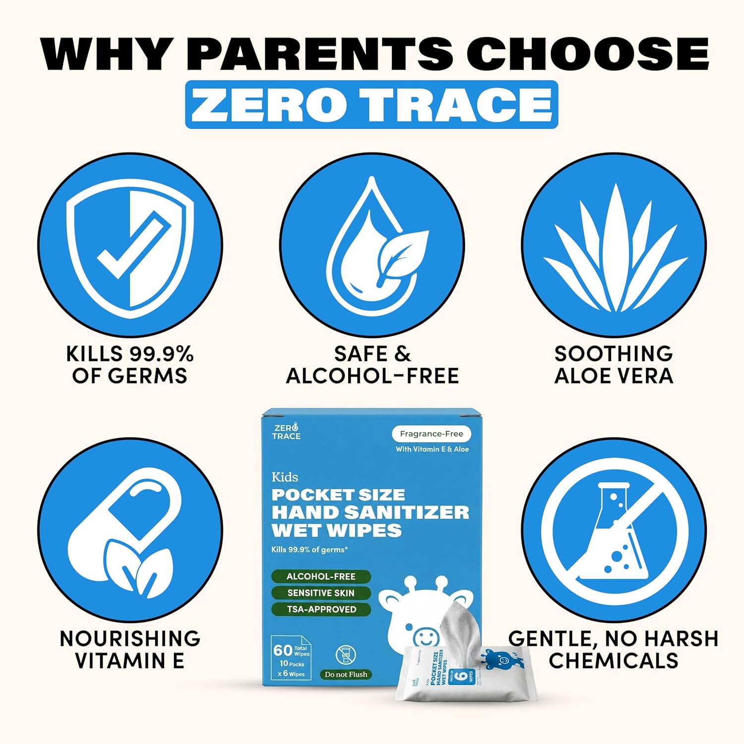 Zero Trace Hand Sanitizer Wipes Bulk – Travel Size, Alcohol-Free, Fragrance-Free – Kills 99.9% of Germs – Safe for Kids & Adults – 180 Wipes (30 Packs of 6) – TSA Approved, Pocket-Friendly