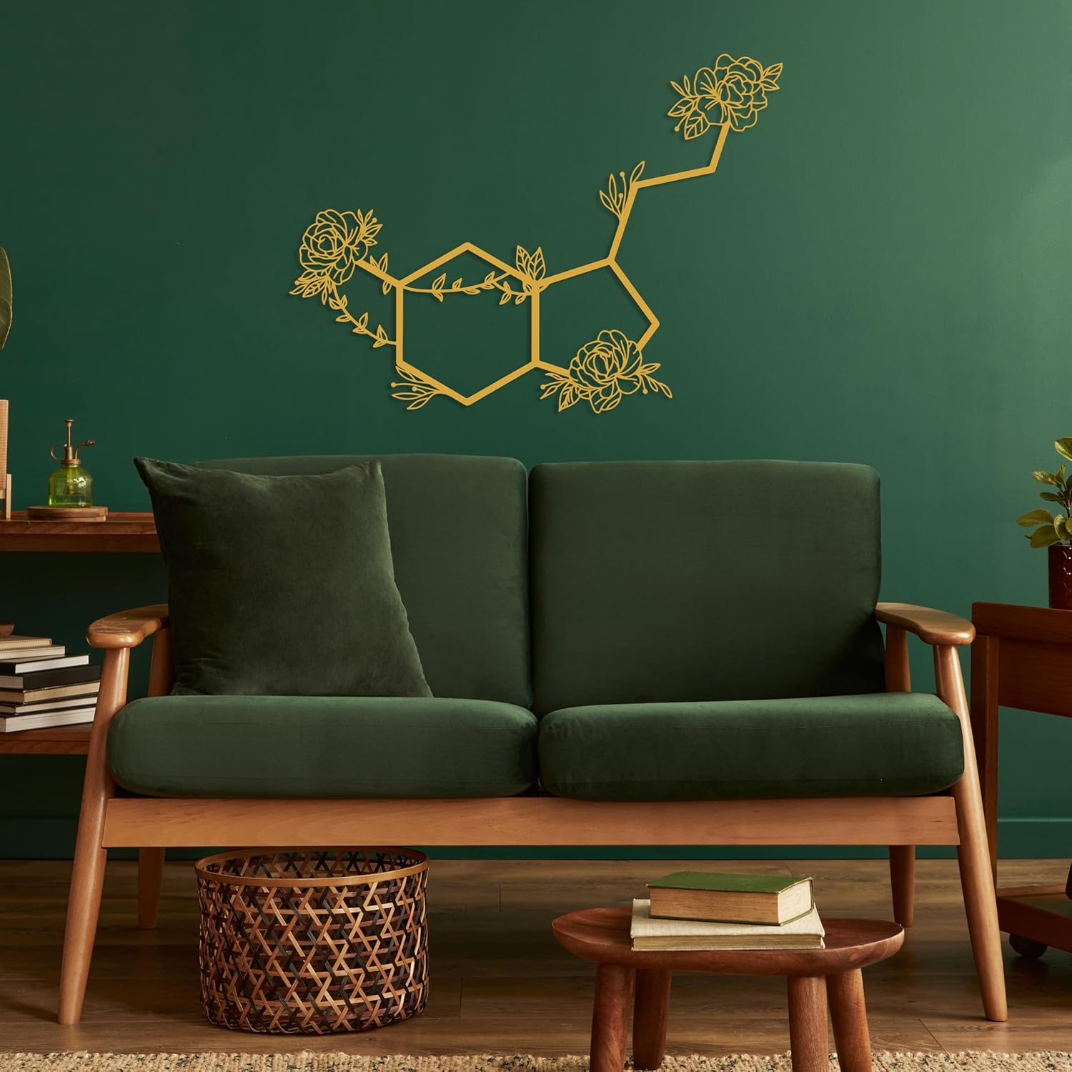 Serotonin Metal Wall Art – Flowered Serotonin Molecule Symbol of Happiness Wall Decor, Unique Black Metal Home Decor for Living Room, Bedroom, Kitchen, Boho Housewarming Gift (Gold, 23.6 "x 17.3" / 60 x 44 cm)